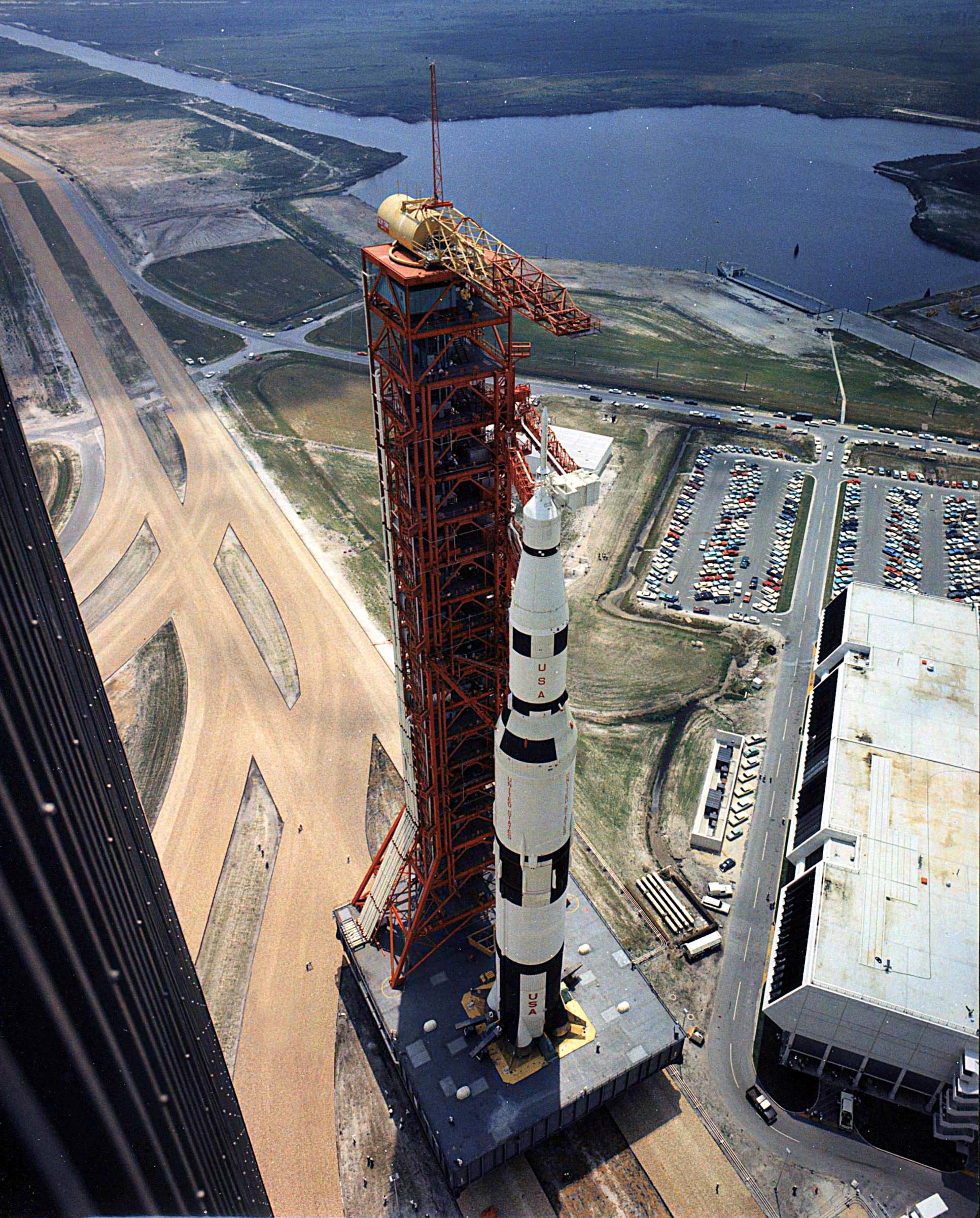 1932x2400 Saturn V 500F Facilities Integration Vehicle on the mobile launcher with  the Launch Umbilical Tower (
