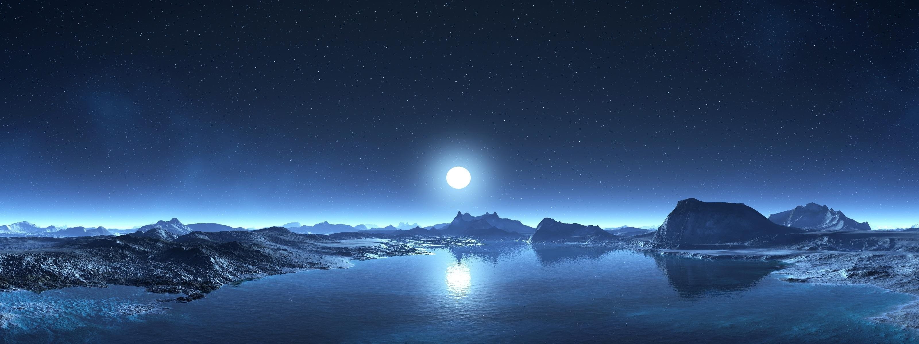 3200x1200 moon mountain water sky star beach