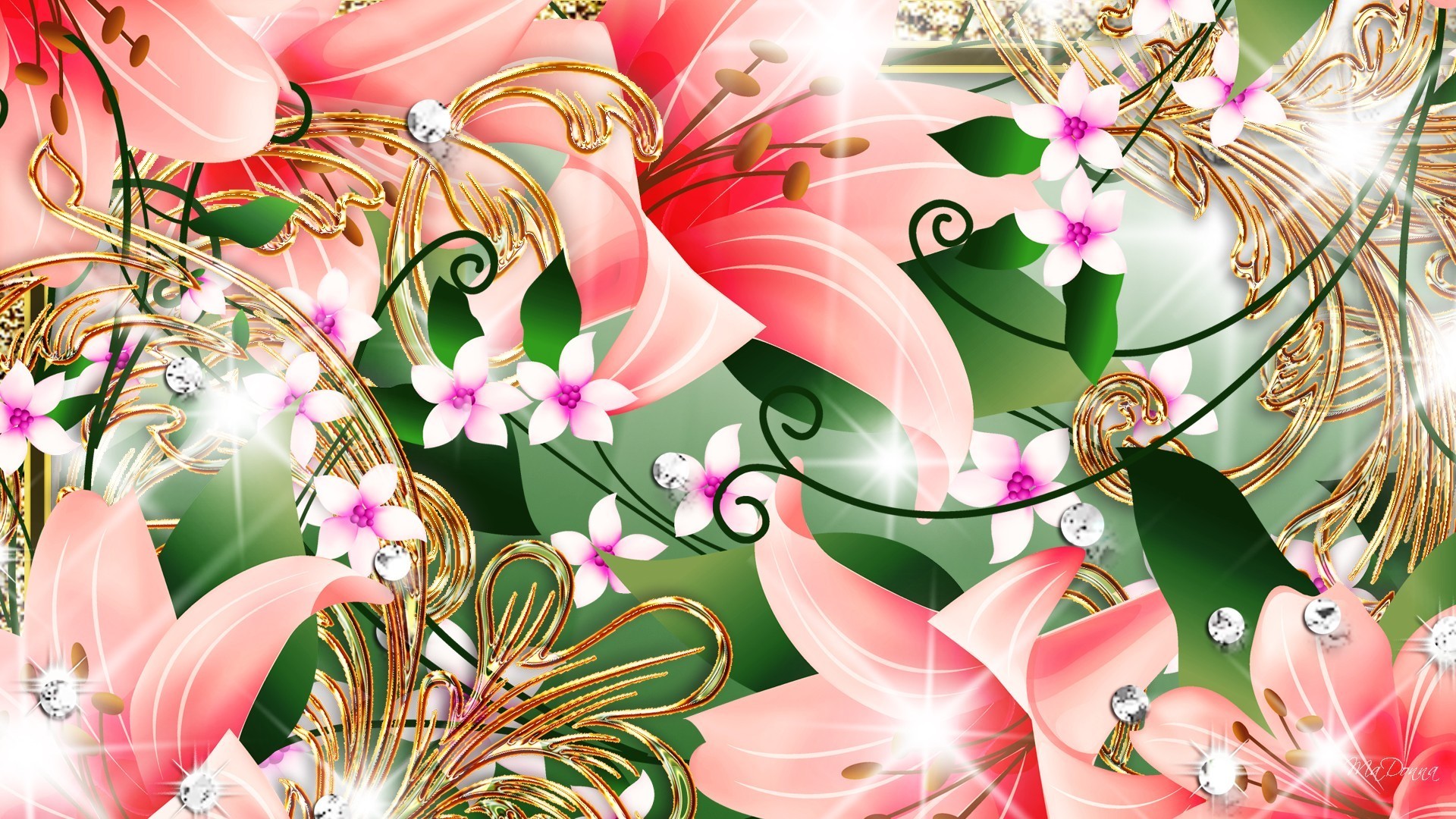1920x1080 Pink Lilies Gold Flowers Lily Diamonds Stars Floral Swirls Flower Wallpaper  Iphone 5