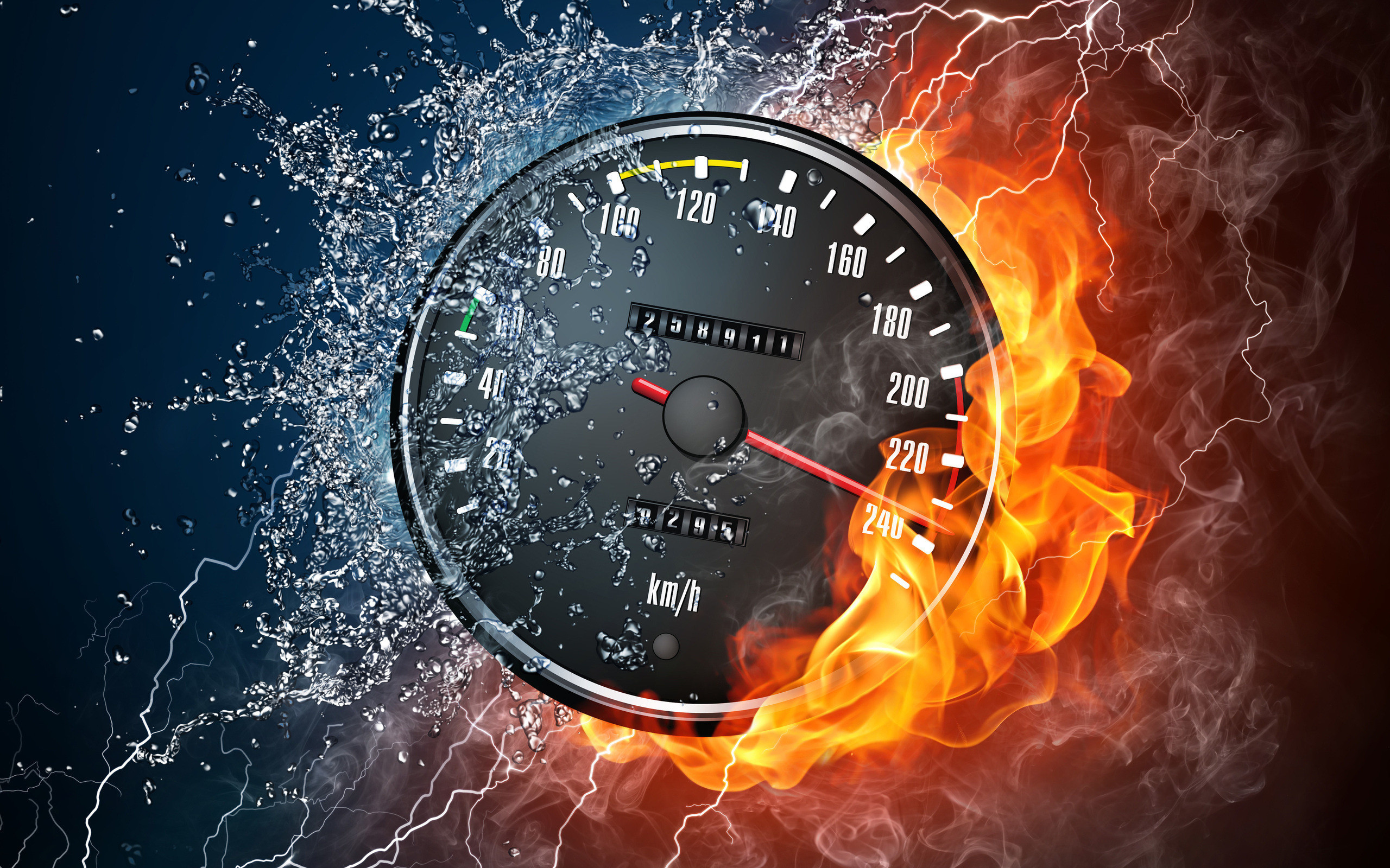 2560x1600 speedometer, water, fire, lightning, speed, splash