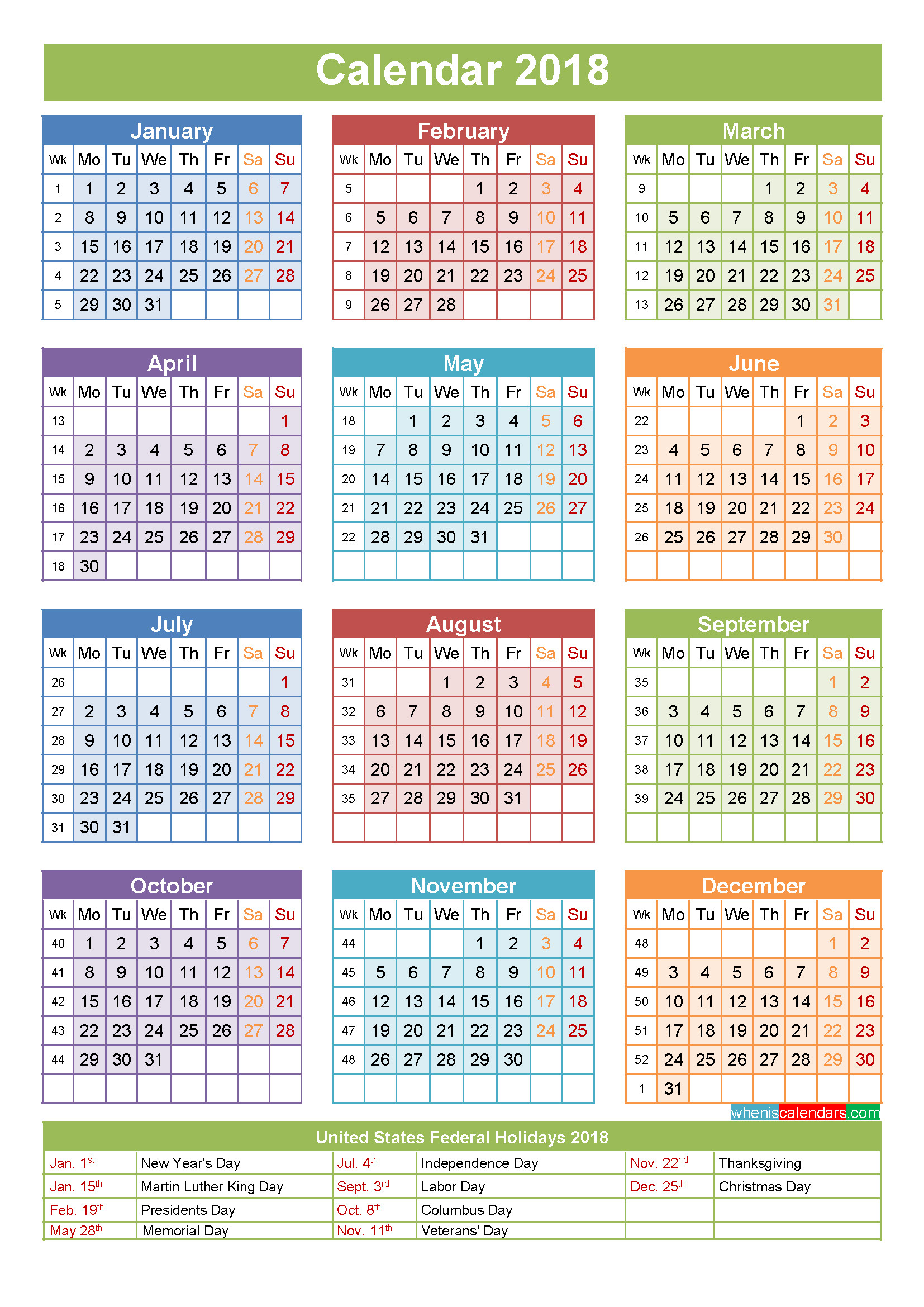 1654x2339 2018 Calendar with Holidays Printable Yearly Calendar Template