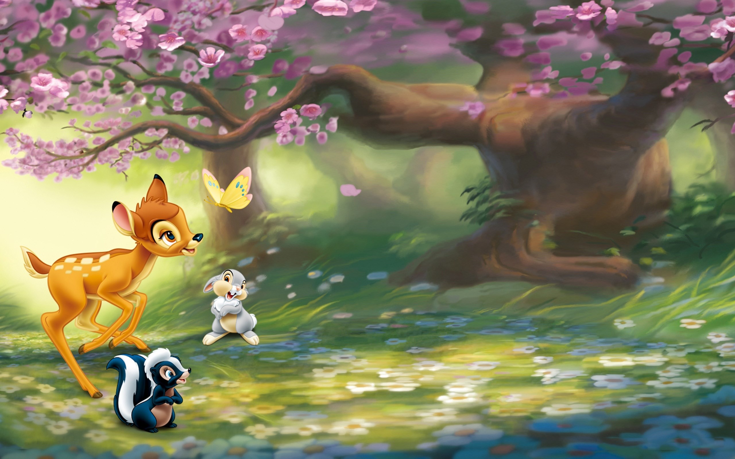 2560x1600 This Disney wallpaper is based on the 1942 Disney movie, Bambi. Here you  see Bambi and his friends, Thumper and Flower, enjoying the beautiful  scenery of ...