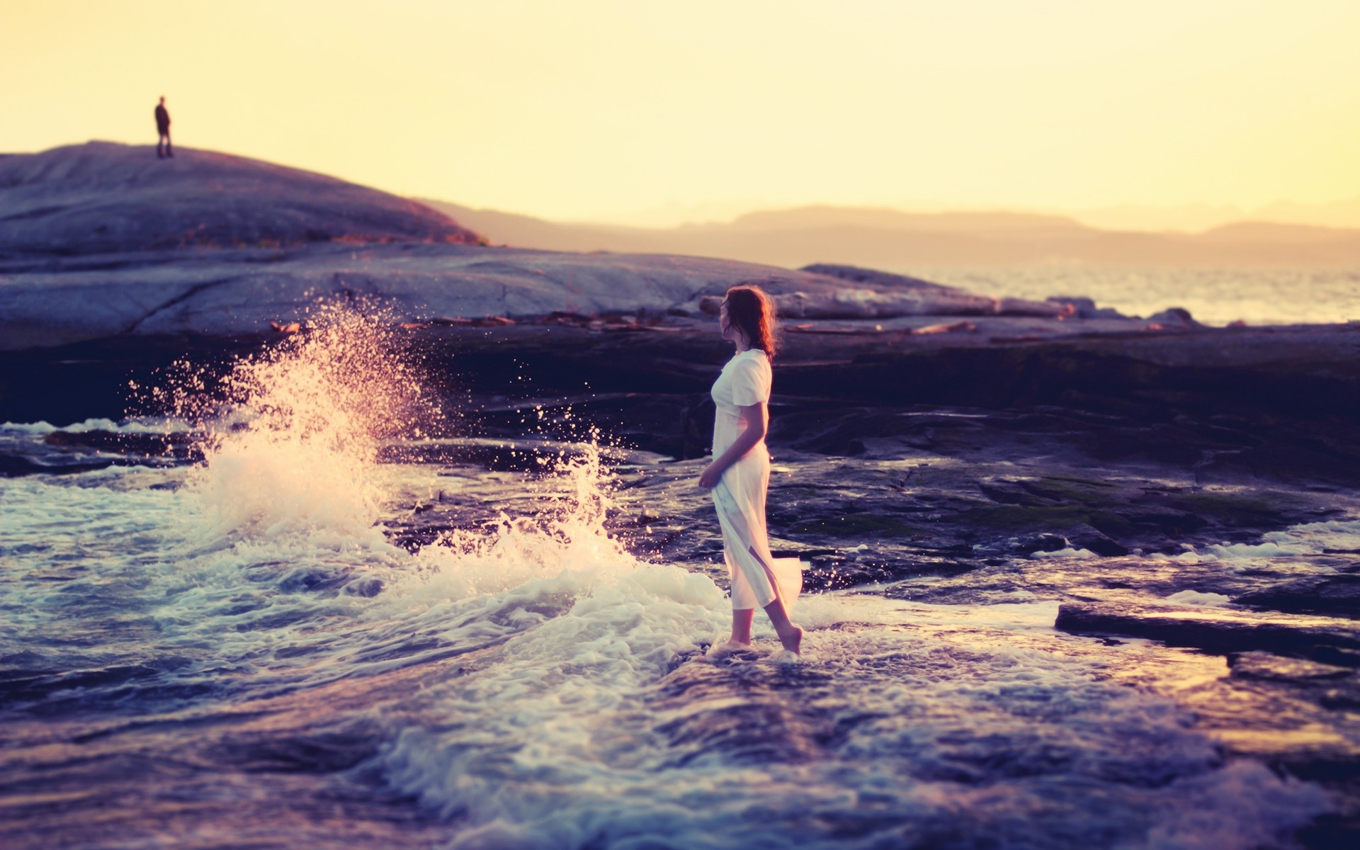 1920x1200 Wallpaper Girl, Beach, Waves, Surf, Rocks, Mood, Loneliness HD, Picture,  Image