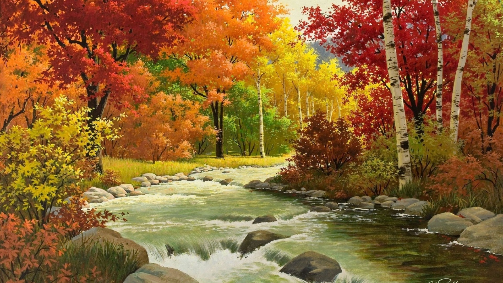 1920x1080 Preview wallpaper autumn, landscape, painting, river, wood 