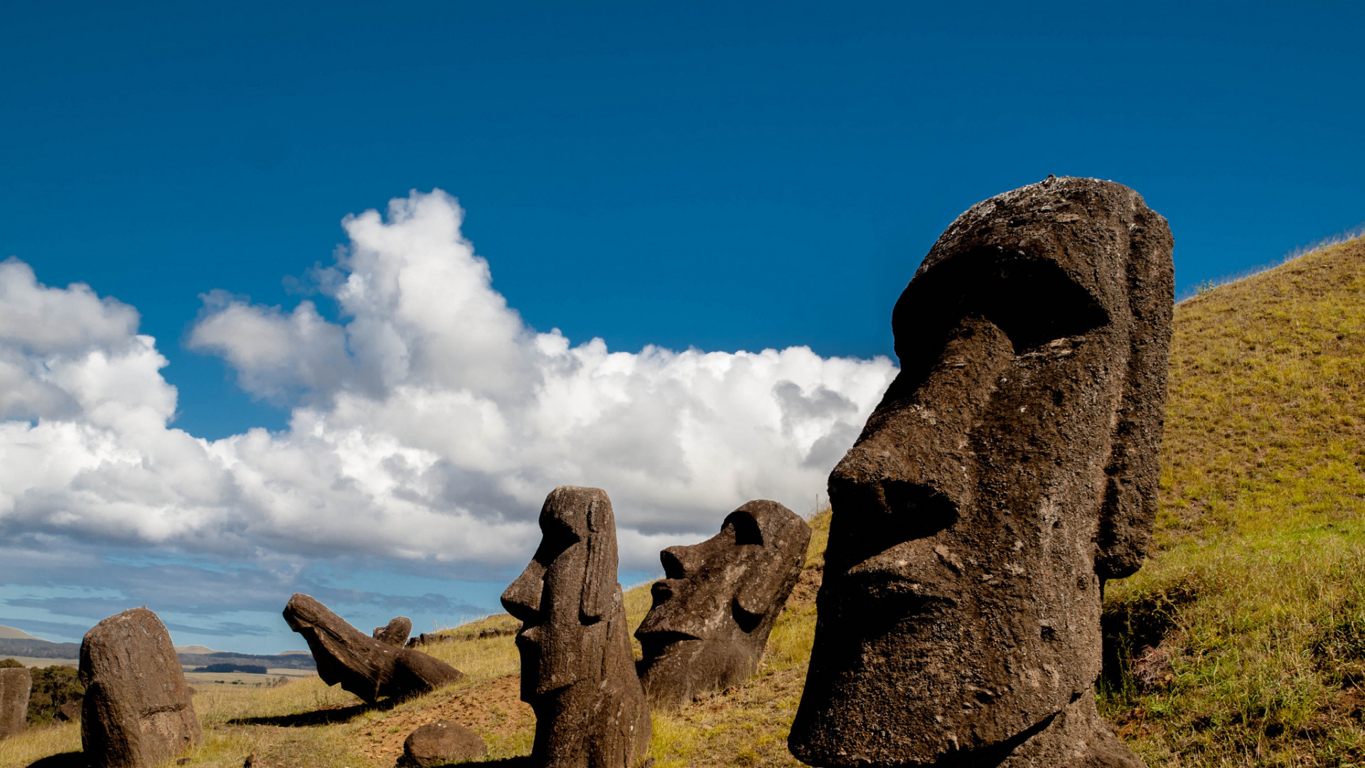 1920x1080  Wallpaper chile, easter island, rapa nui, moai, statue, carved  image