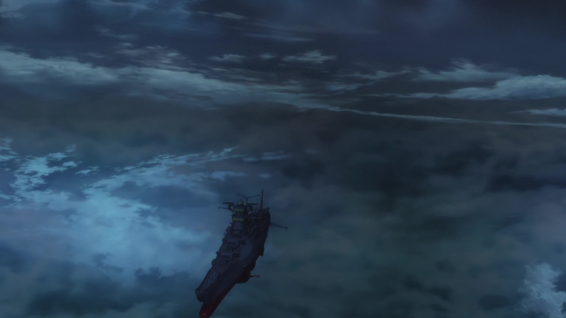 1920x1080 Yamato sails through the blue-lit sector, above the storm clouds. Above  them, a Garmillas recon plane reports its current location to the fleet.