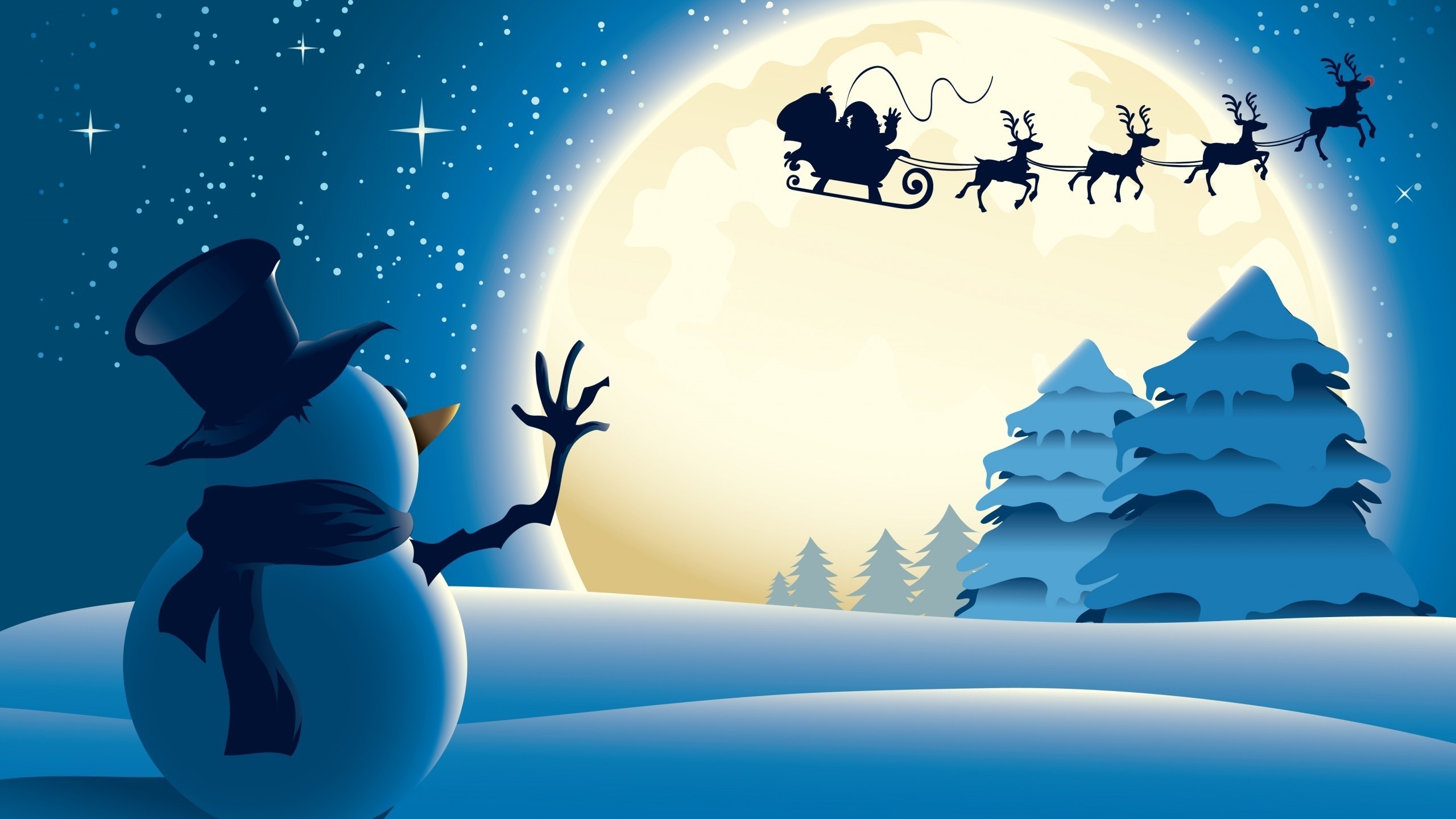 2560x1440 snowman waving to Santa moonlight flight Christmas wallpaper
