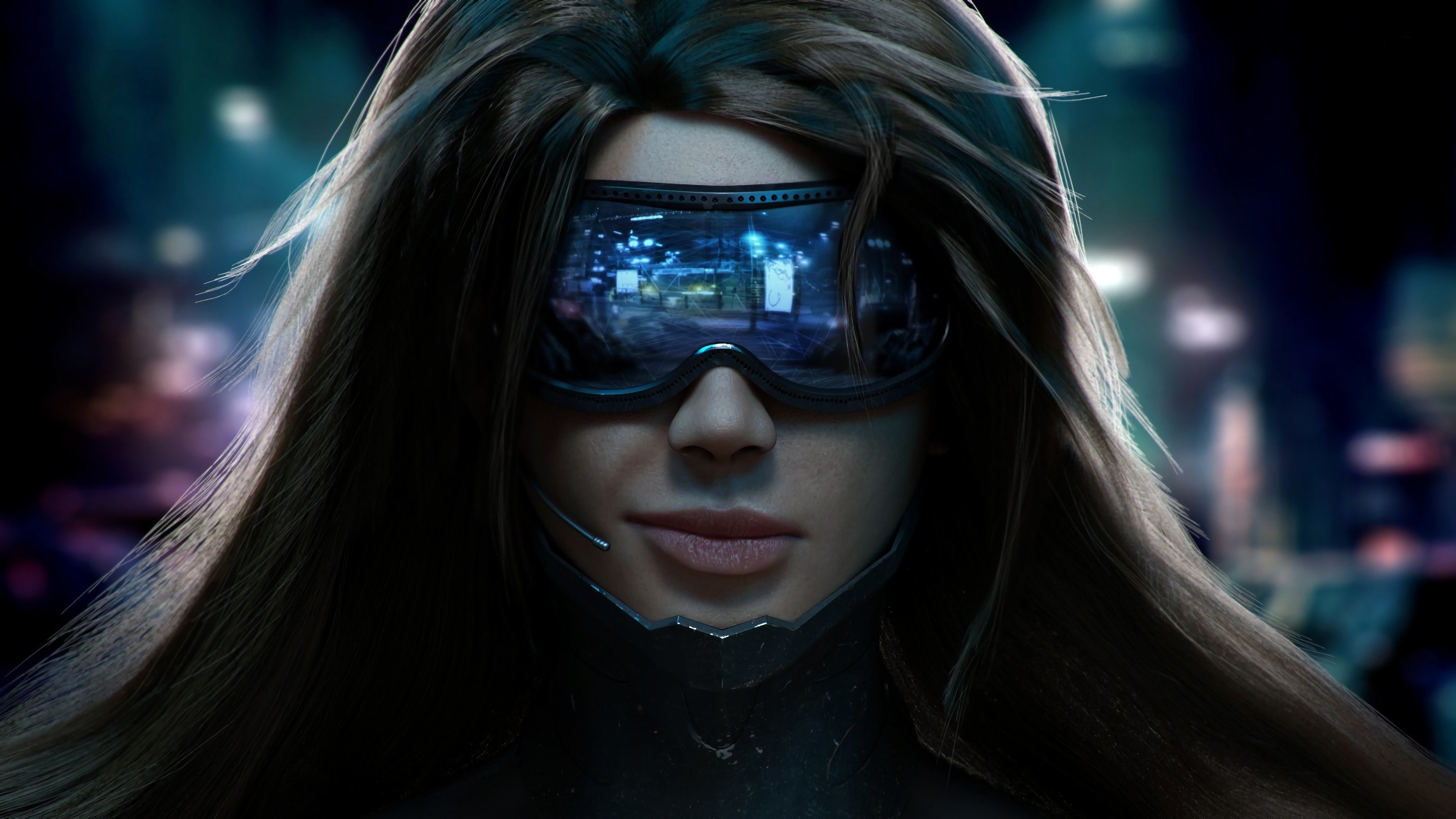 3840x2160 ... glasses, futuristic, blue, headsets, pilot, head, Cyberpunk 2077,  color, cool, girl, beauty, eye, darkness, screenshot, computer wallpaper,  vision care, ...