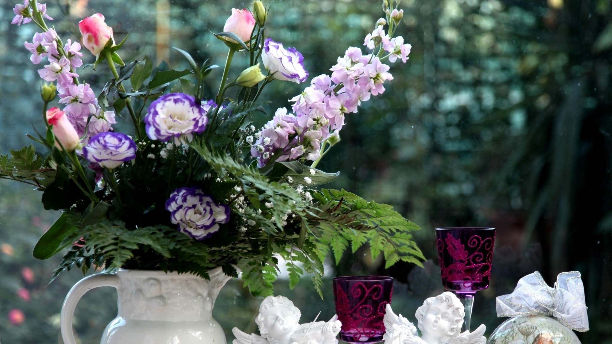 2048x1152  Wallpaper lisianthus russell, gillyflower, flowers, bouquets,  pitcher, cups, glasses