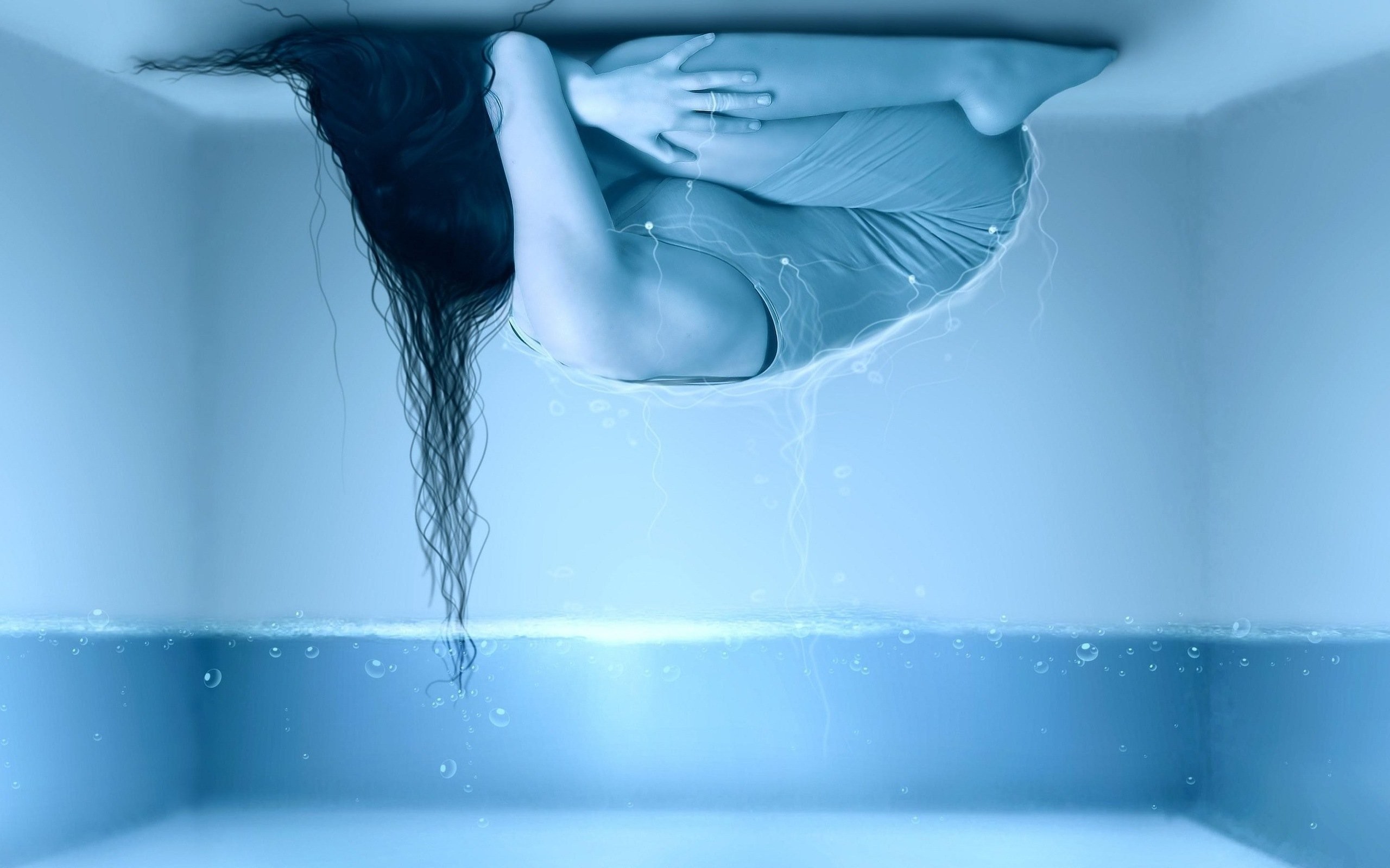 2560x1600 UPSIDE DOWN - girl curled ceiling bubbling water cube wallpaper |   | 480688 | WallpaperUP