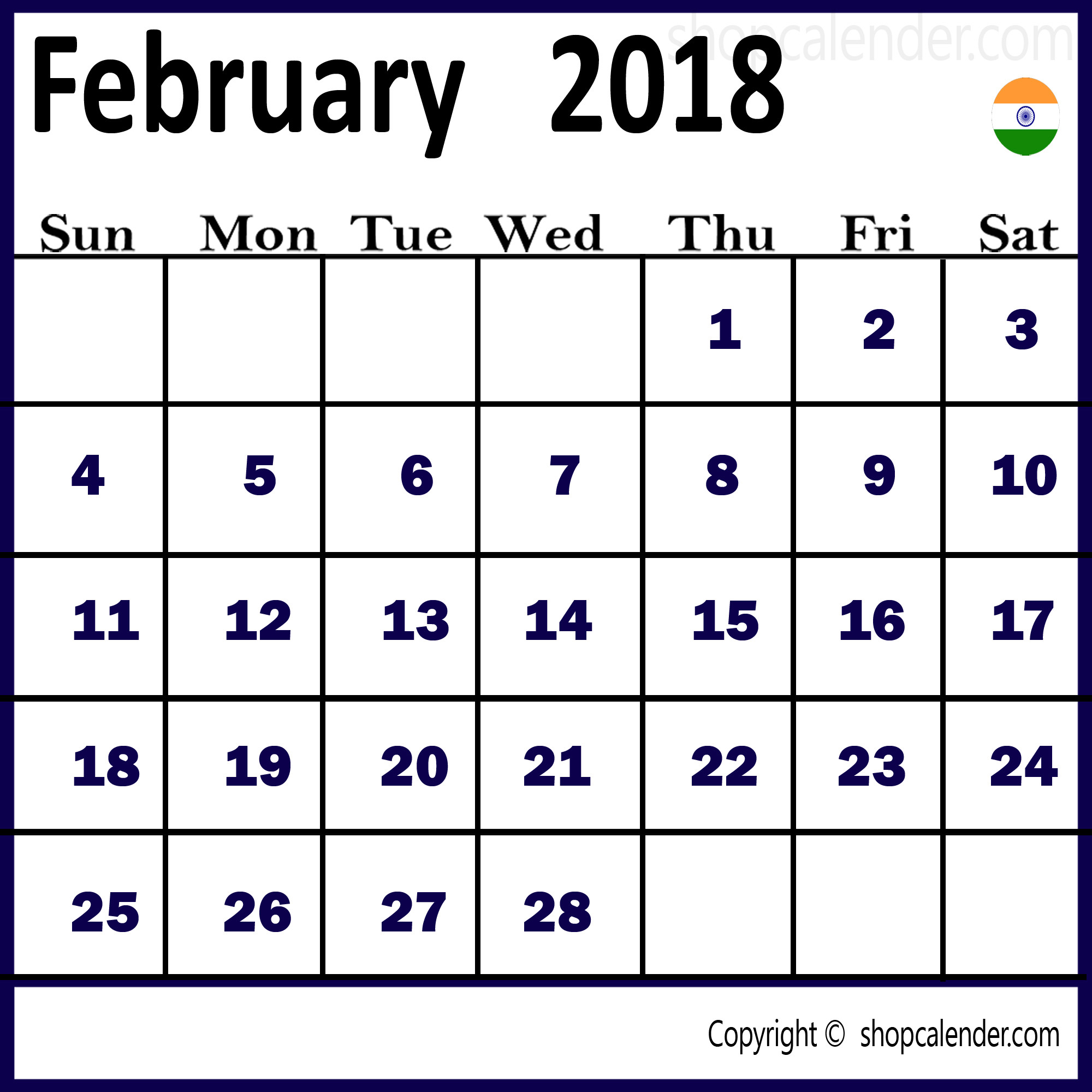2000x2000 February 2018 Calendar India for Free