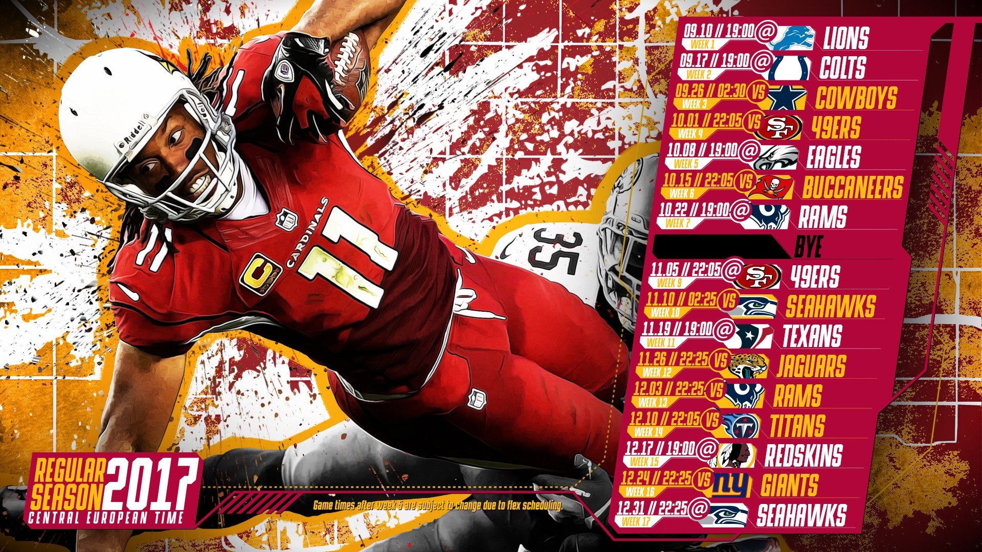 1920x1080 Schedule wallpaper for the Arizona Cardinals Regular Season, 2017 Central  European Time. Made by