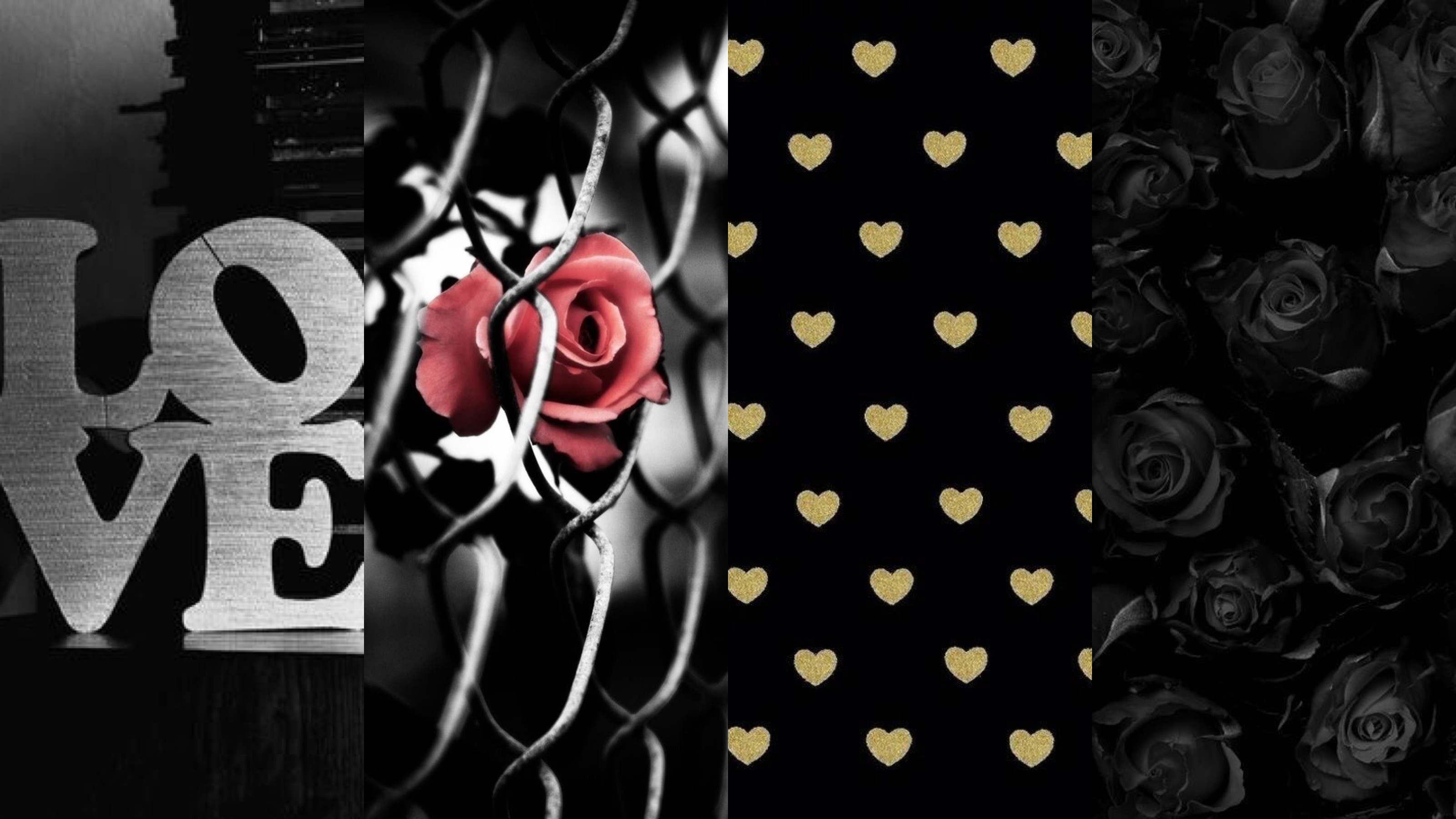 3200x1800 Love | Chain Link Rose | Gold Hearts | Black Roses