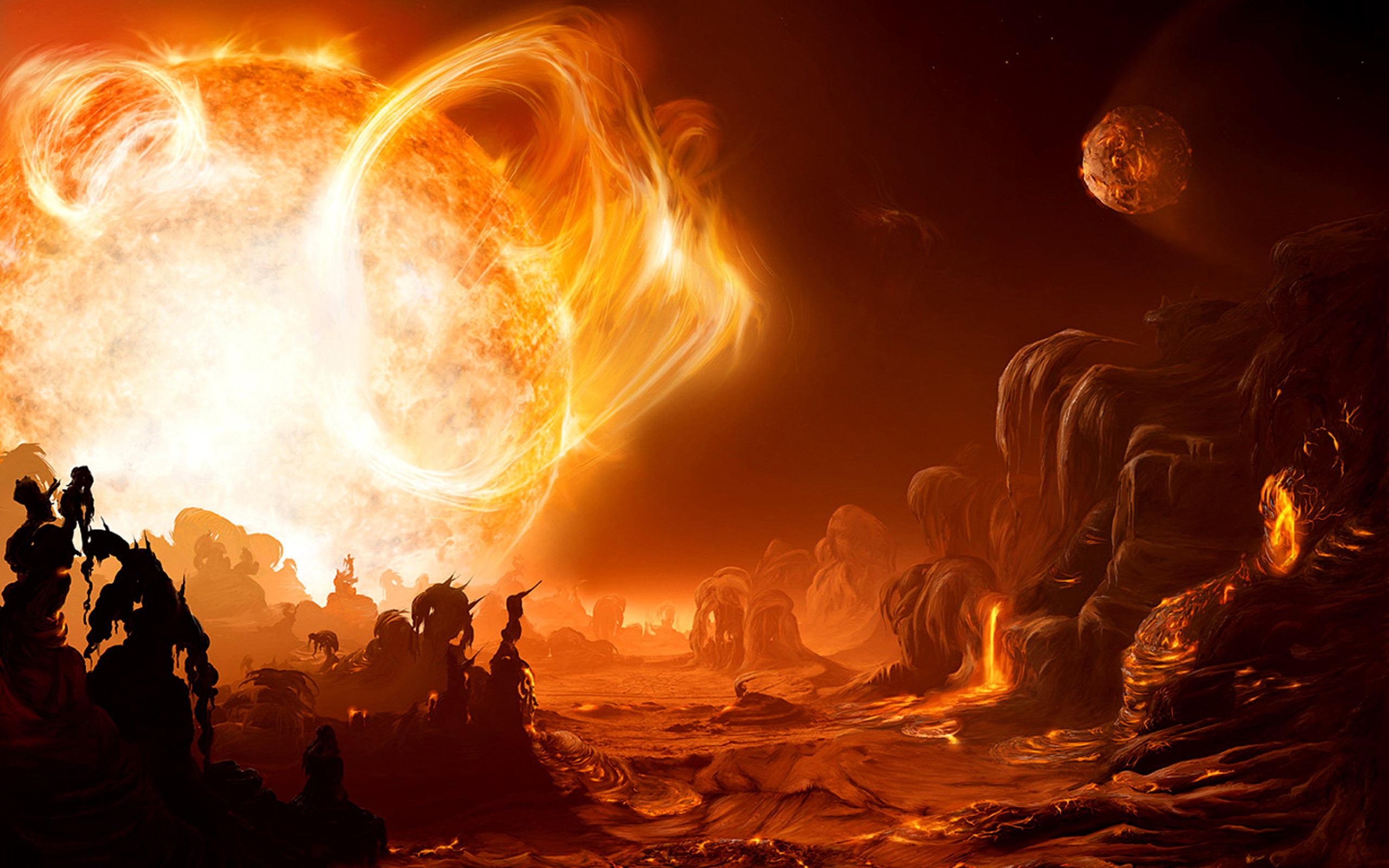 2560x1600 Sci fi science fiction alien landscape art artistic painting cg digital  landscapes fire flames sun hot lava solar space planets bright color  wallpaper ...