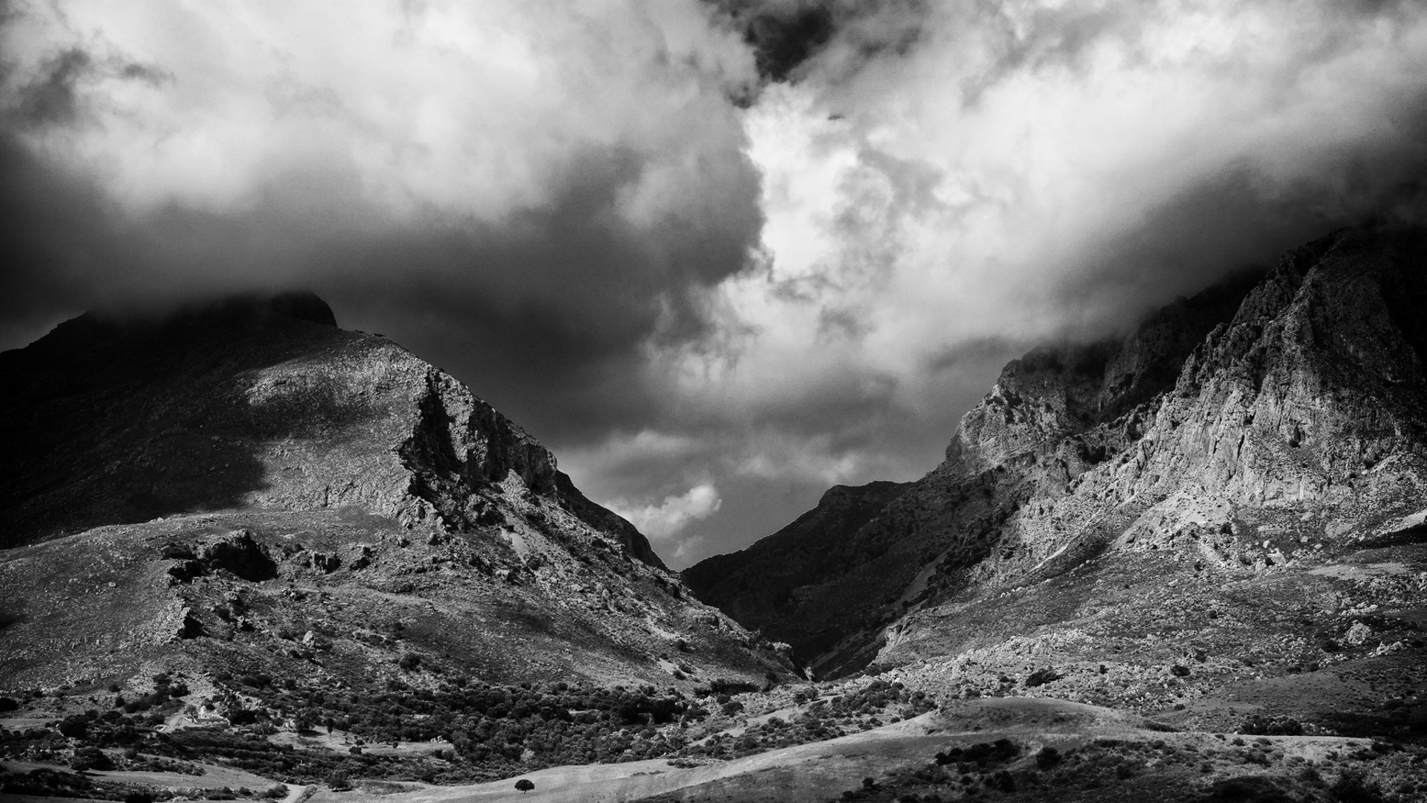 2048x1152  Wallpaper mountains, sky, clouds, beautiful, black and white