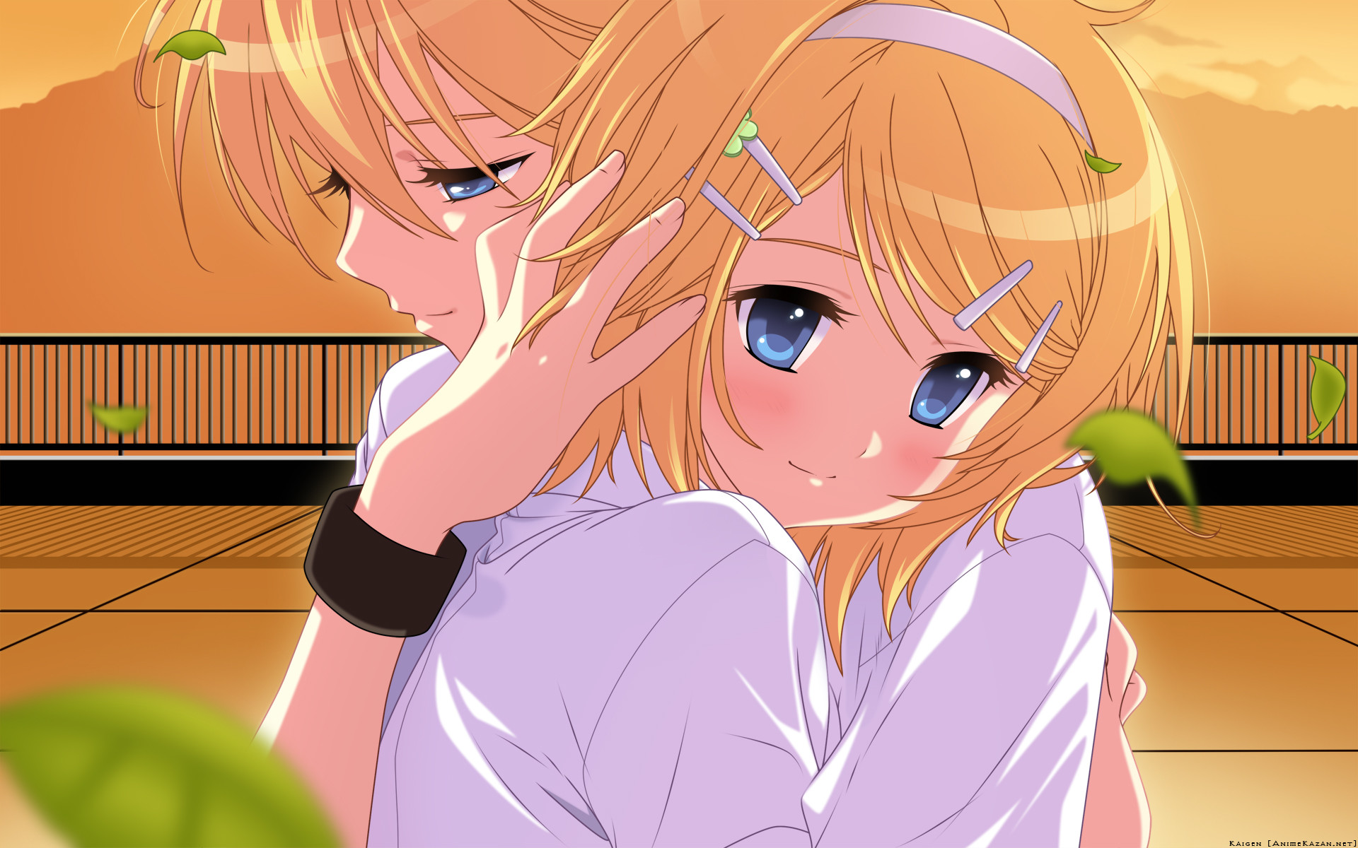1920x1200 Anime - Vocaloid Rin Kagamine Len Kagamine Blue Eyes Anime Blonde Sunset  Leaf Wallpaper
