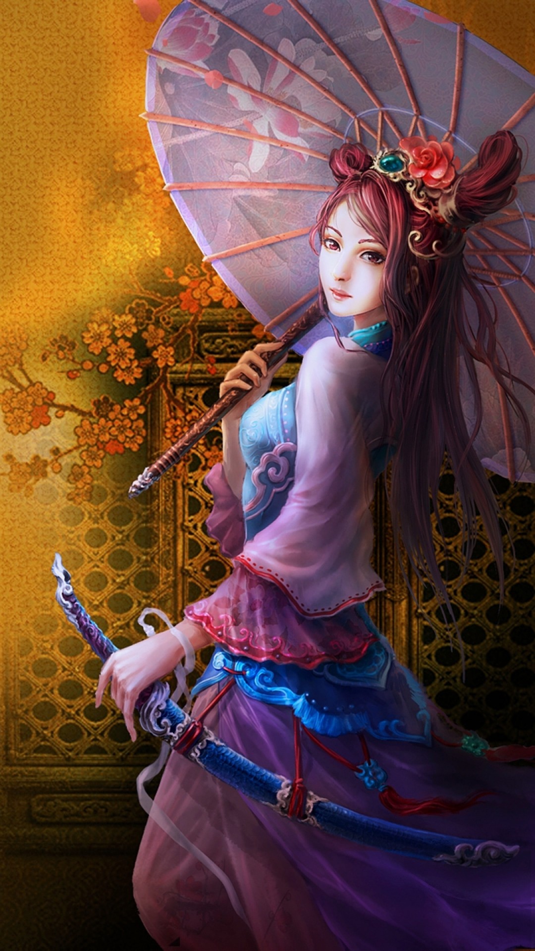 1080x1920  Wallpaper girl, umbrella, kimono, japan