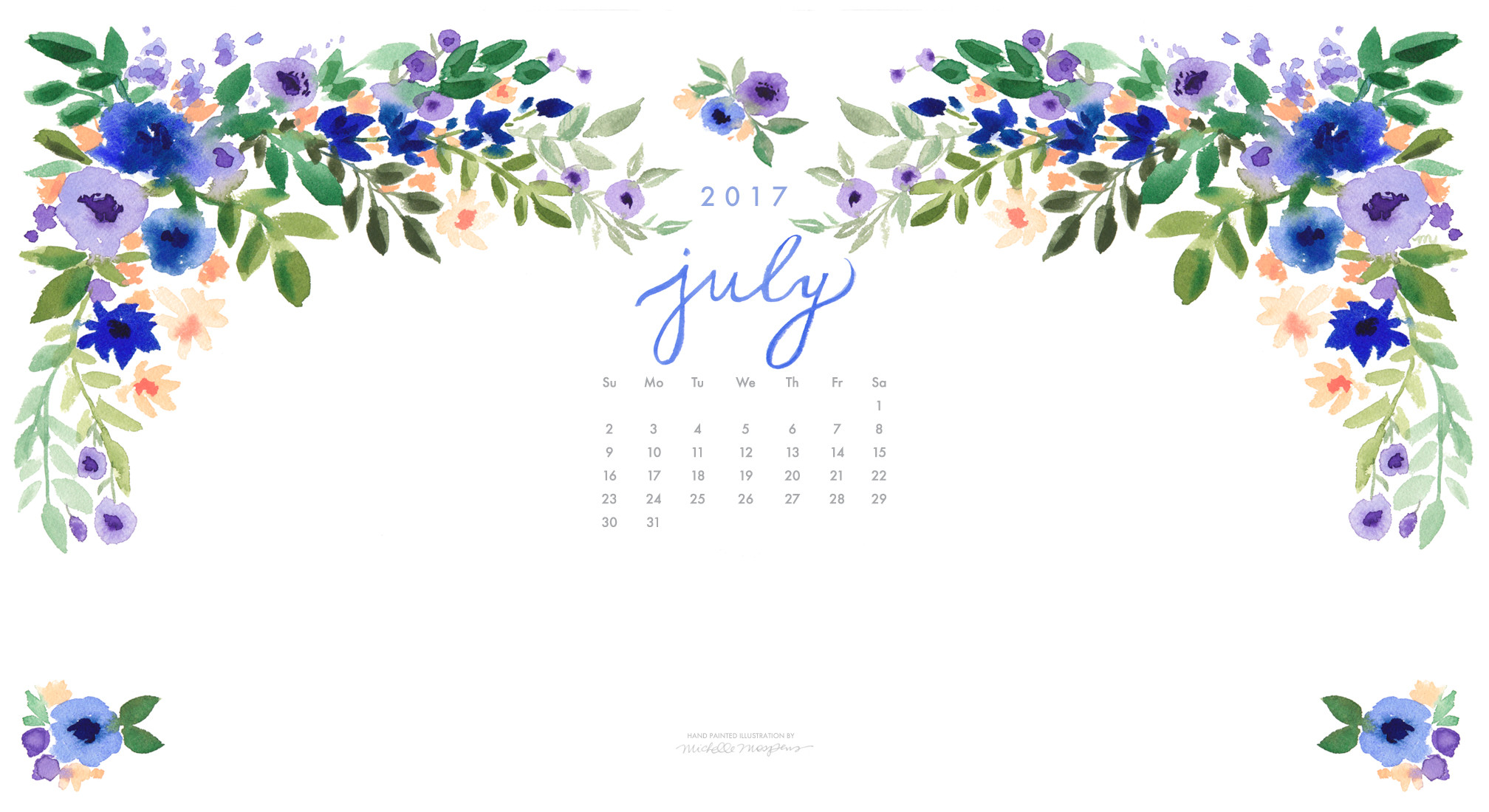 2016x1100 Pretty posy watercolor July 2017 calendar wallpaper for your computer. 100%  original art by