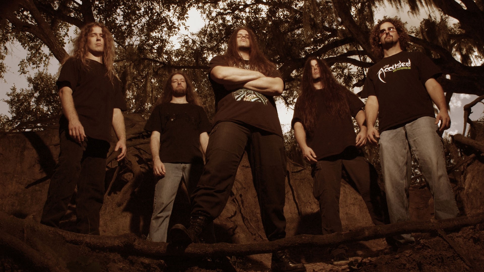 1920x1080  Wallpaper cannibal corpse, trees, t-shirts, sky, band
