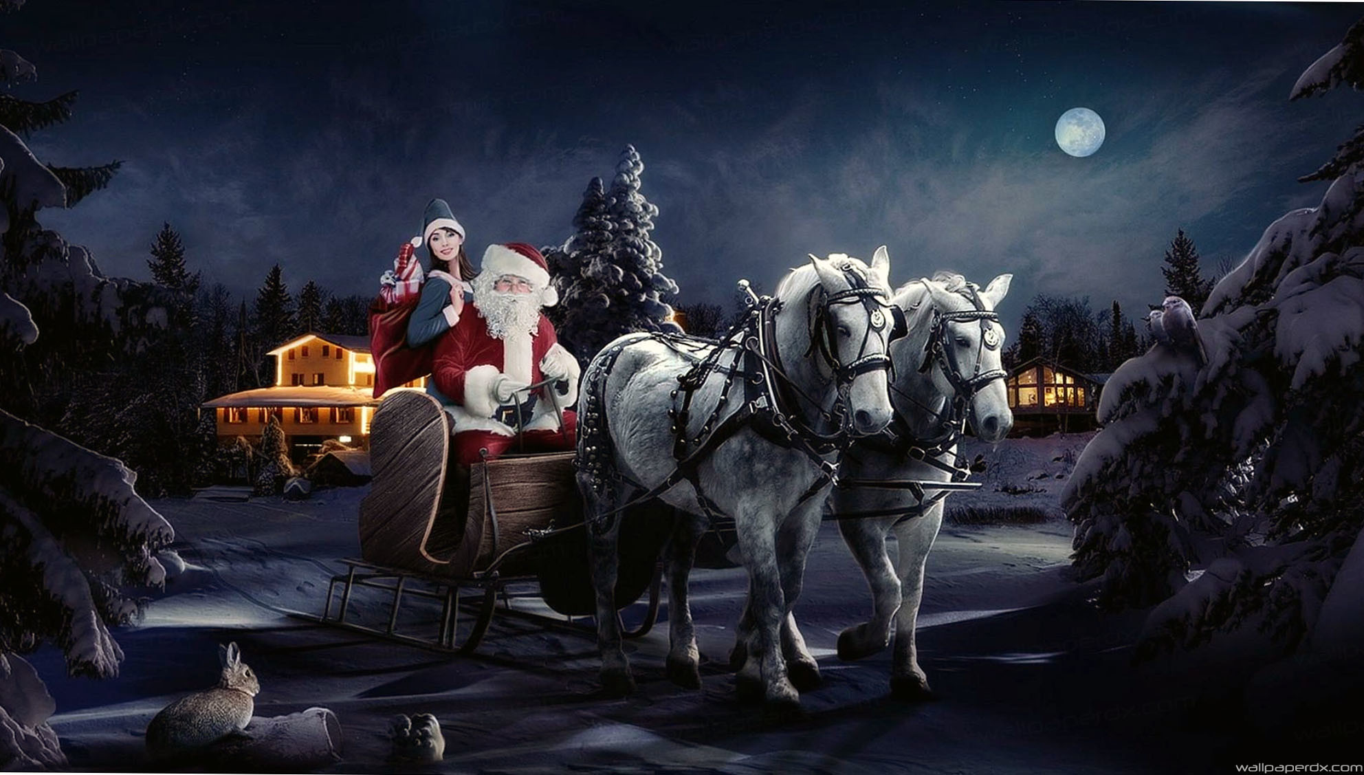 1984x1127 santa claus sleigh girl horse tree night christmas bag gifts hd wallpaper -  Full Hd Original Size
