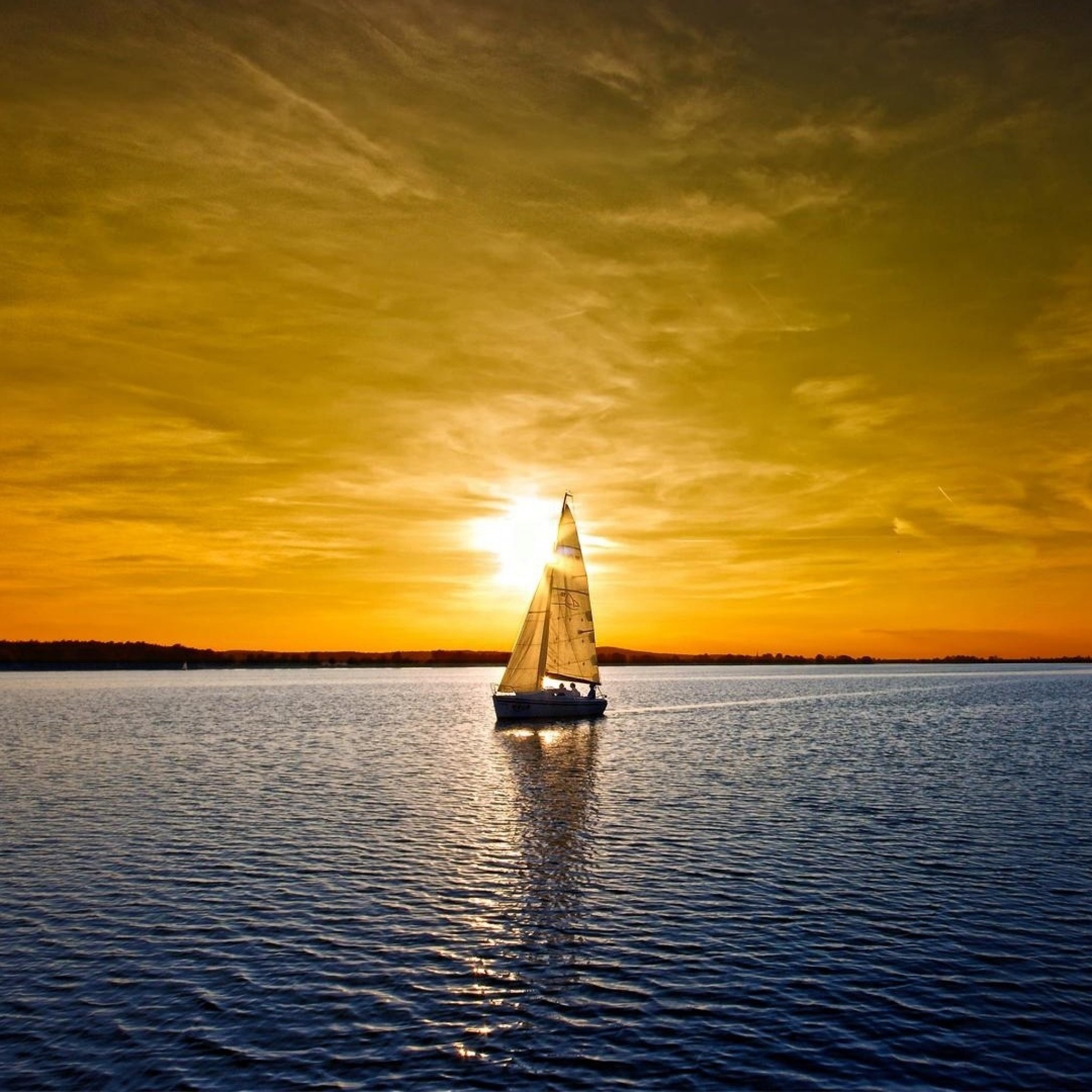 2048x2048 Preview wallpaper boat, sky, sea, sail, sunset, water 