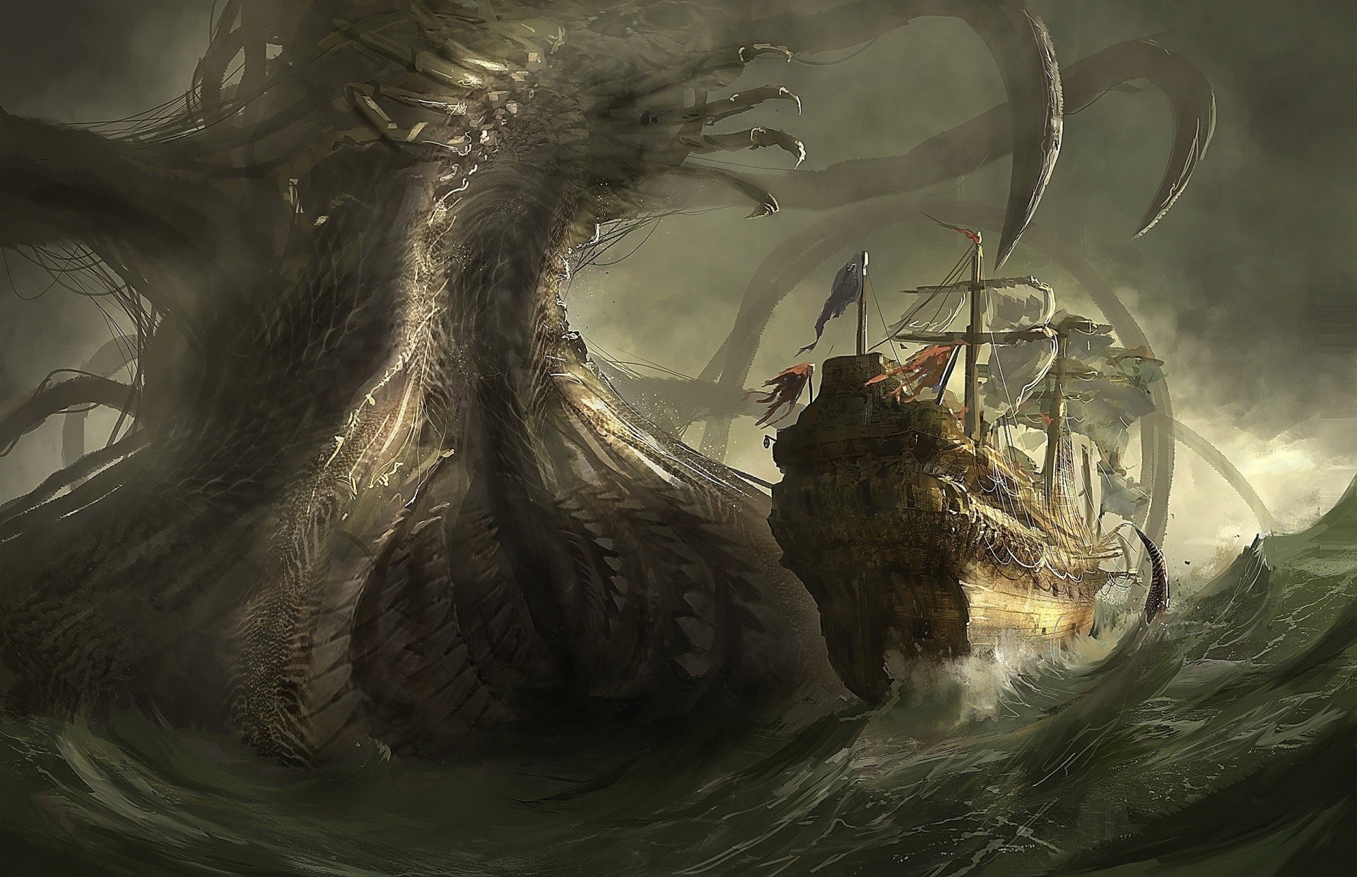 1920x1242 ship giant sea monster art