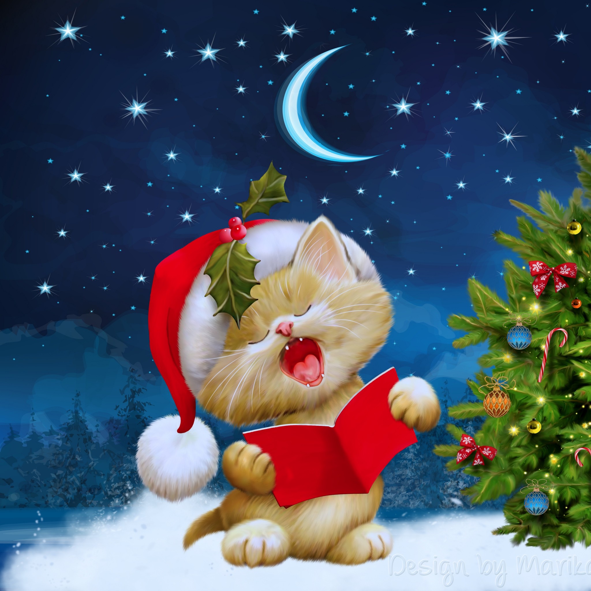 2048x2048 Preview wallpaper new year, christmas, cat, card 