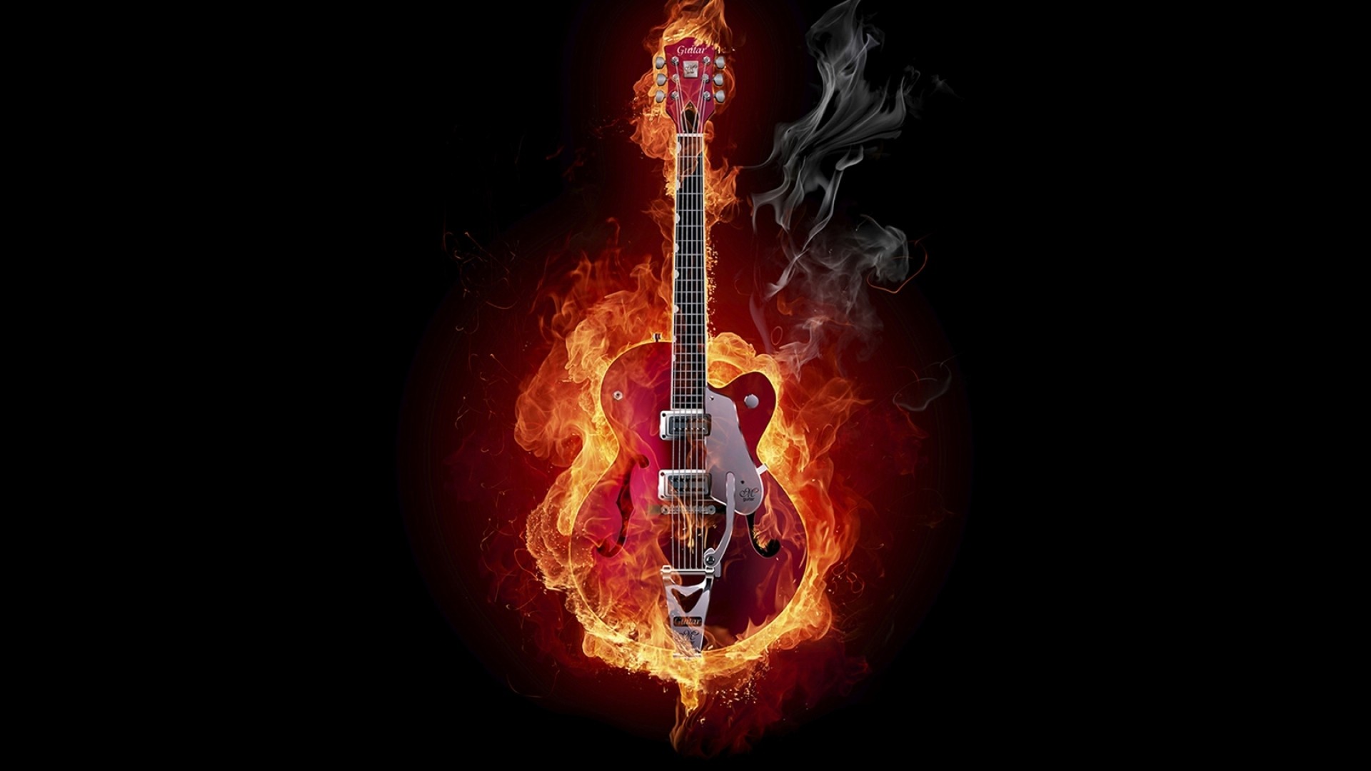 1920x1080  Wallpaper guitar, fire, instrument, smoke, background