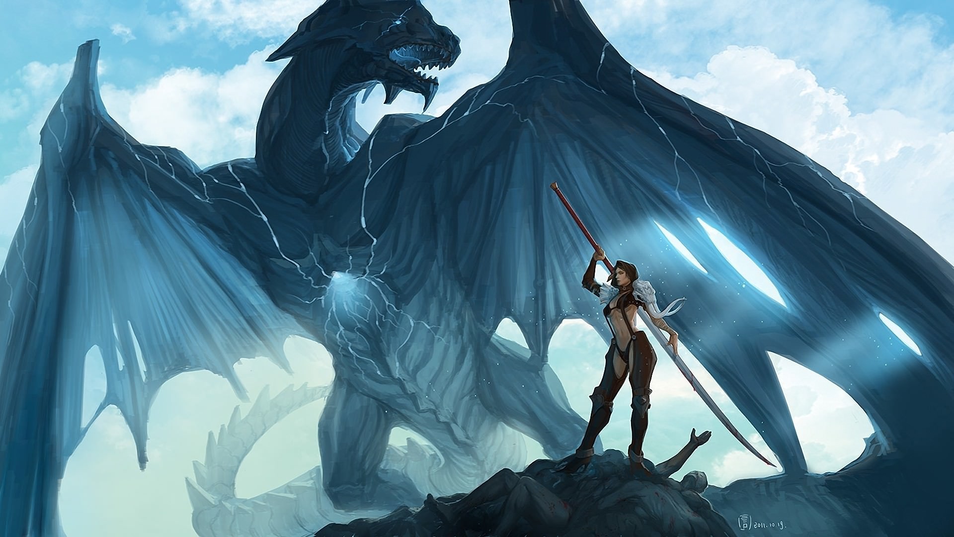 1920x1080 Armor Girl Blood Corpse Dragon Wallpaper - 1920 x Digital painting of a girl  in armor with her blue dragon.