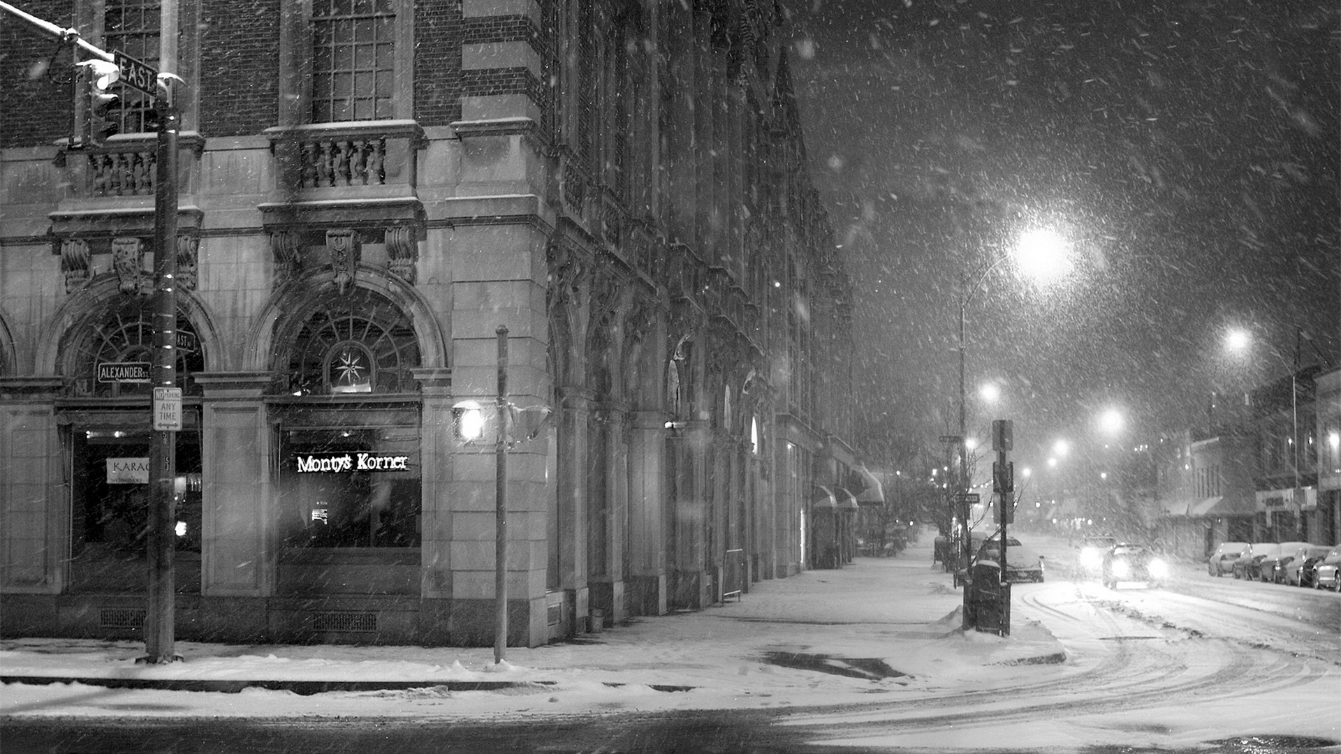 1920x1080  Wallpaper City, Street, Snow, Winter, Lane, Black white