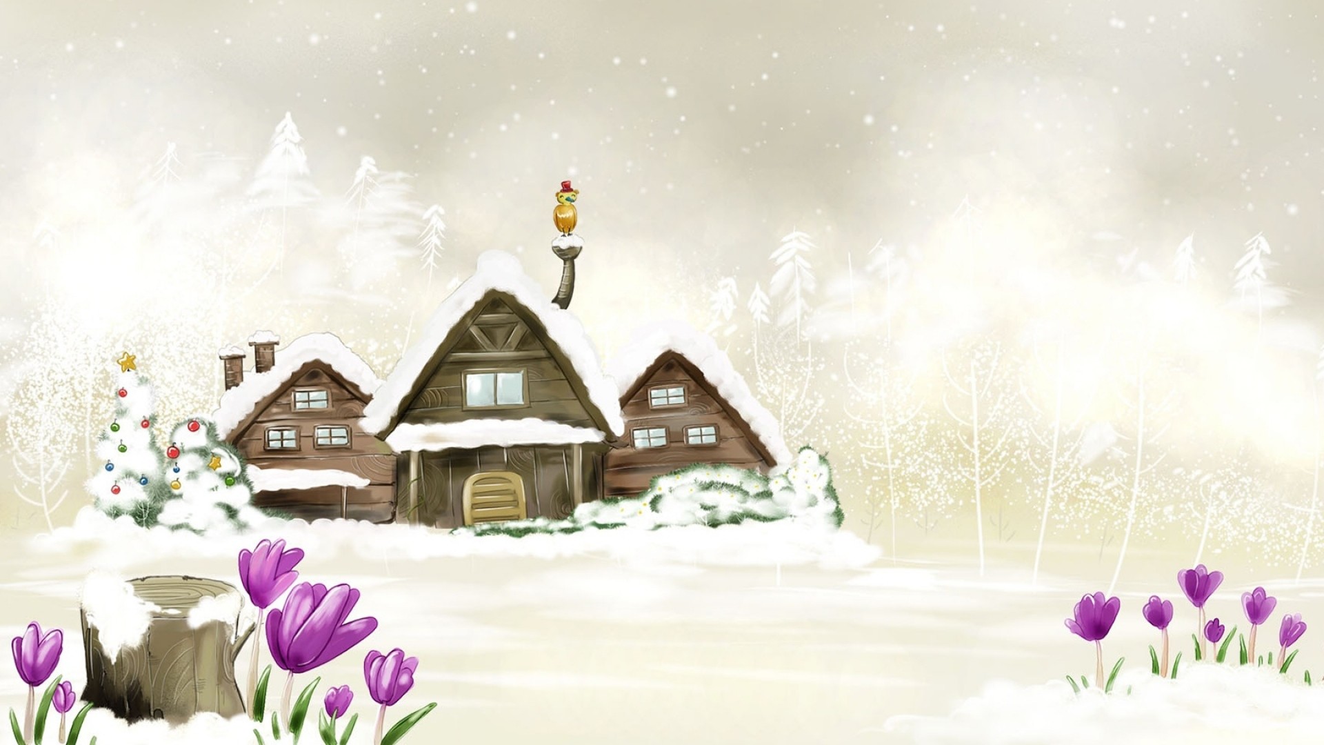 1920x1080  Wallpaper house, winter, drawing, snow, flowers