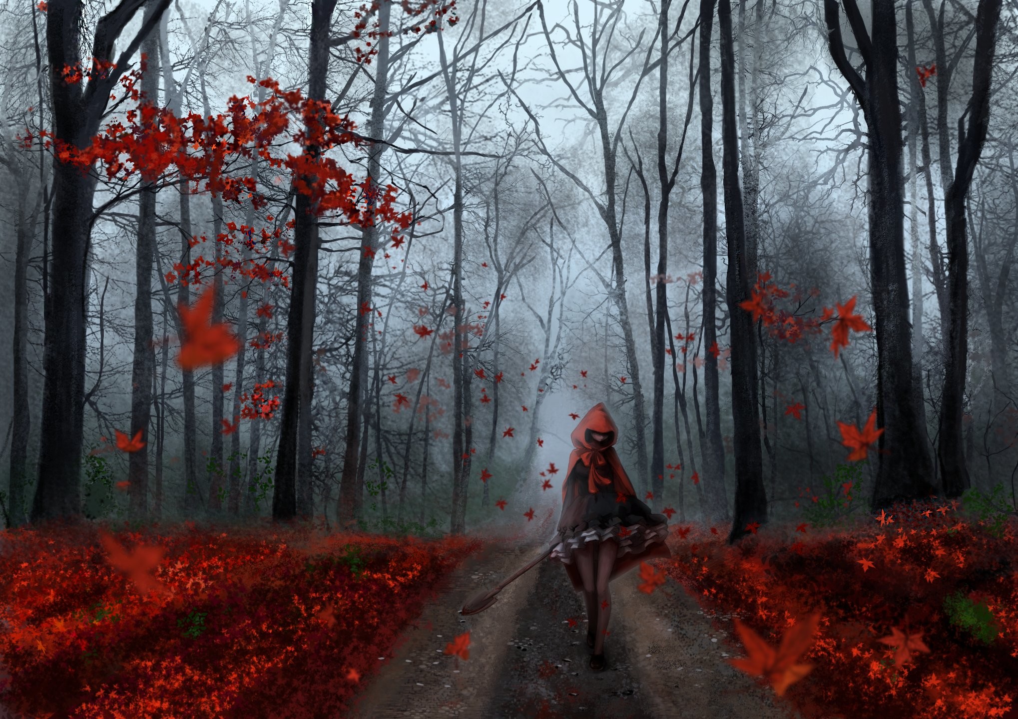 2038x1440 Anime girl forest autumn tree red leaf road wallpaper |  | 607179  | WallpaperUP