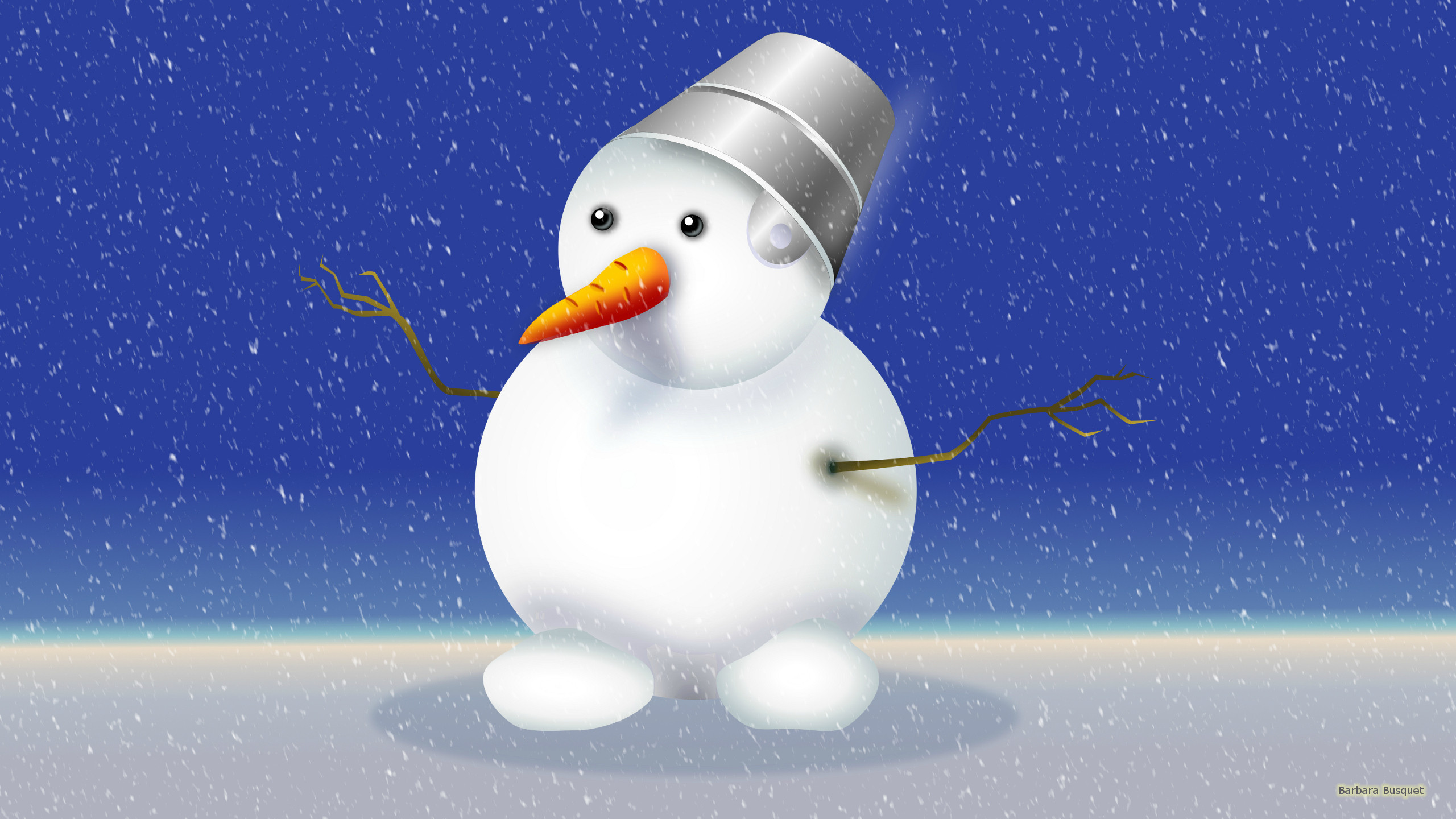 2560x1440 Winter wallpaper with a happy snowman while it's snowing. He has a carrot  nose and branches as arms. And a bucket on his head.