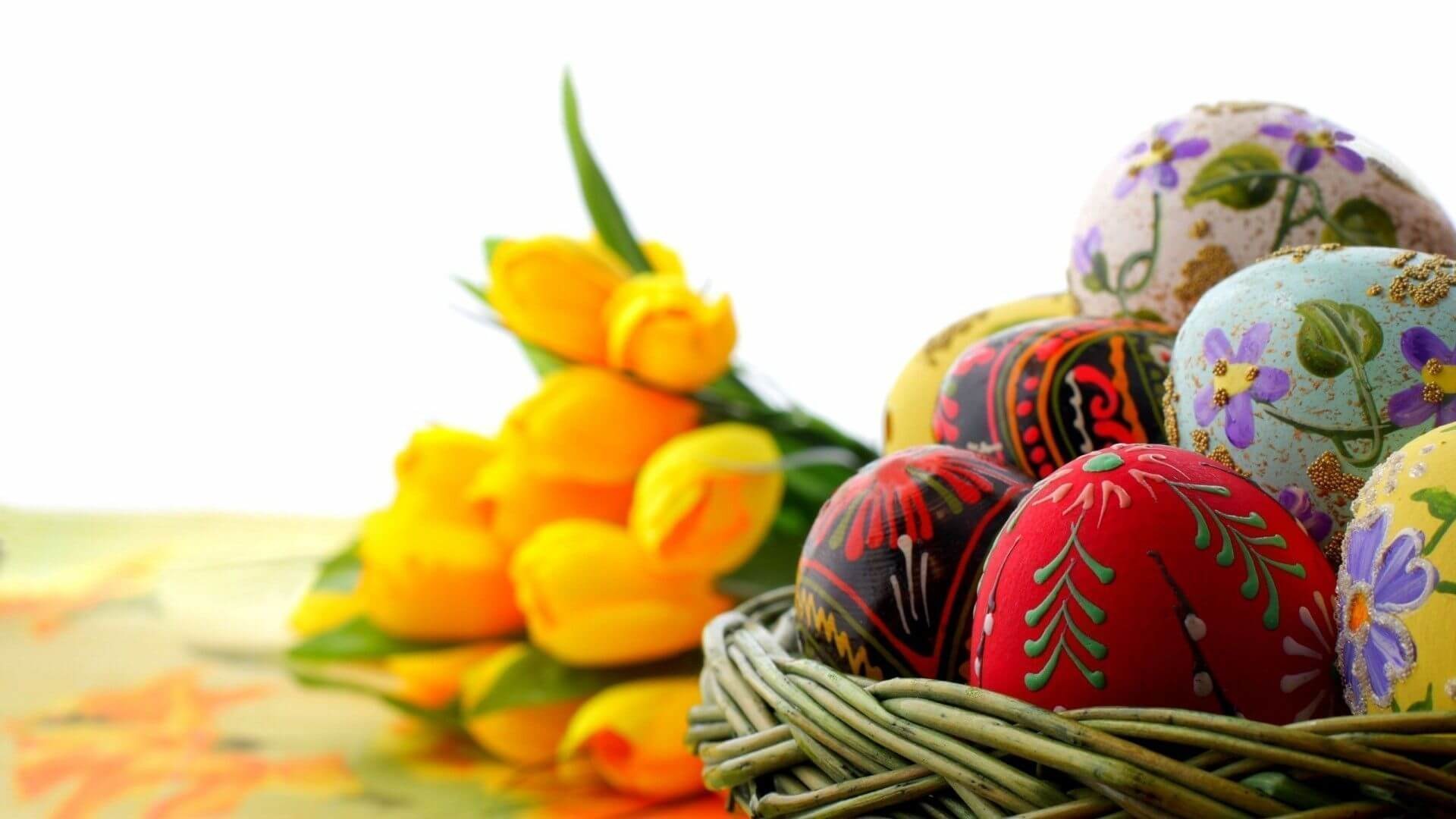 1920x1080 Cute Easter eggs in basket with yellow tulips HD desktop backgrounds