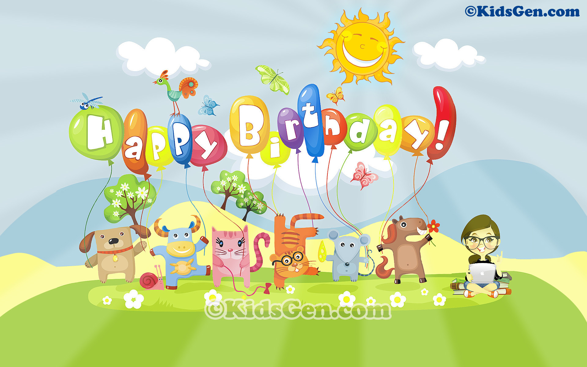 1920x1200 HD cartoon wallpaper featuring animals wishing Happy Birthday