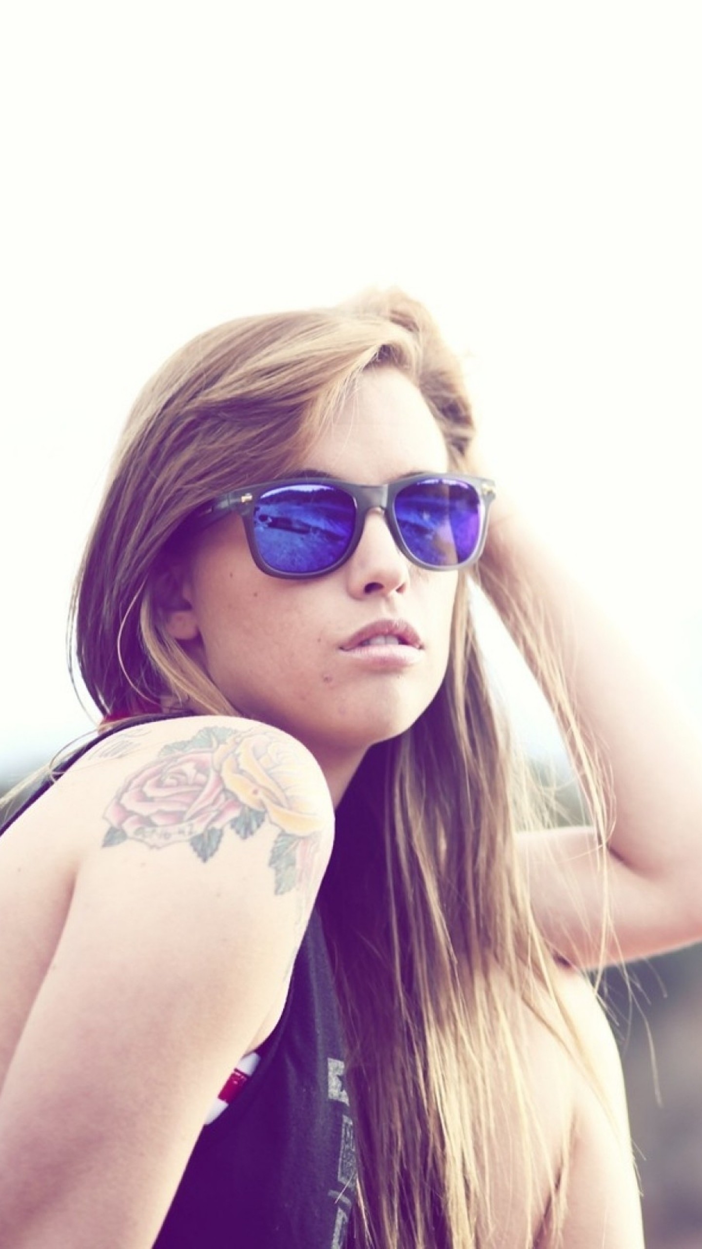 1440x2560 Preview wallpaper girl, tattoo, sunglasses 