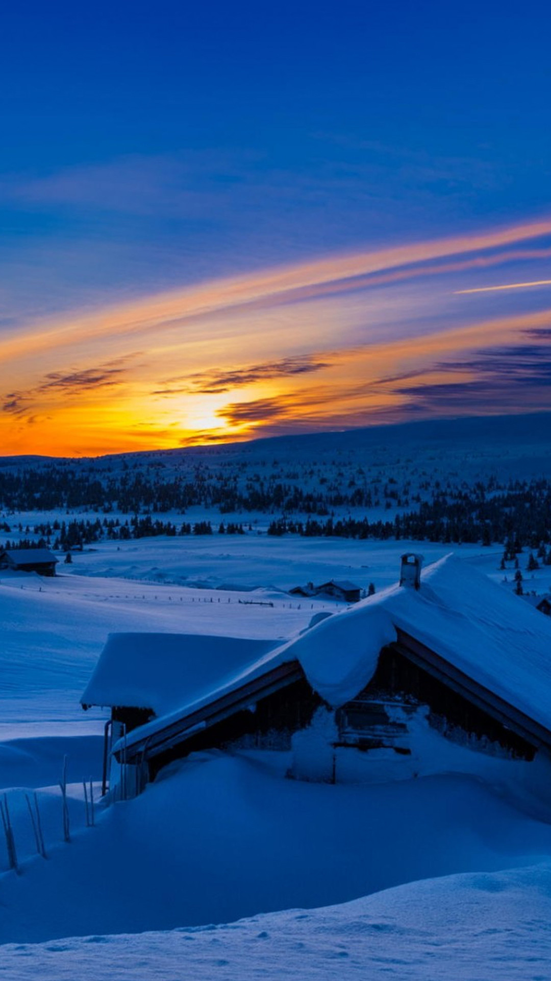 1080x1920 Beautiful Sunset Winter Chalet Snow iPhone 6 Plus HD Wallpaper