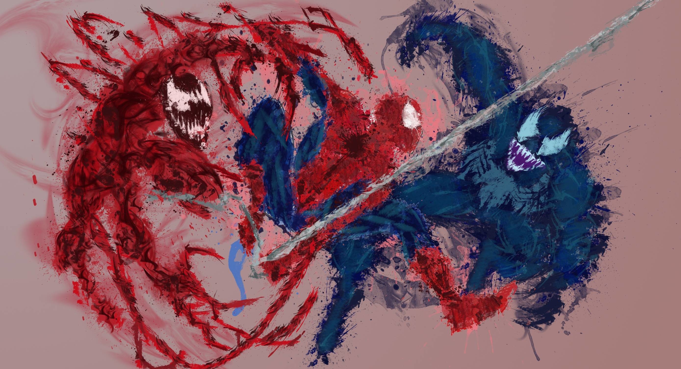 2777x1503 Paint splatter wallpaper with Spidey, Venom, and Carnage I made.