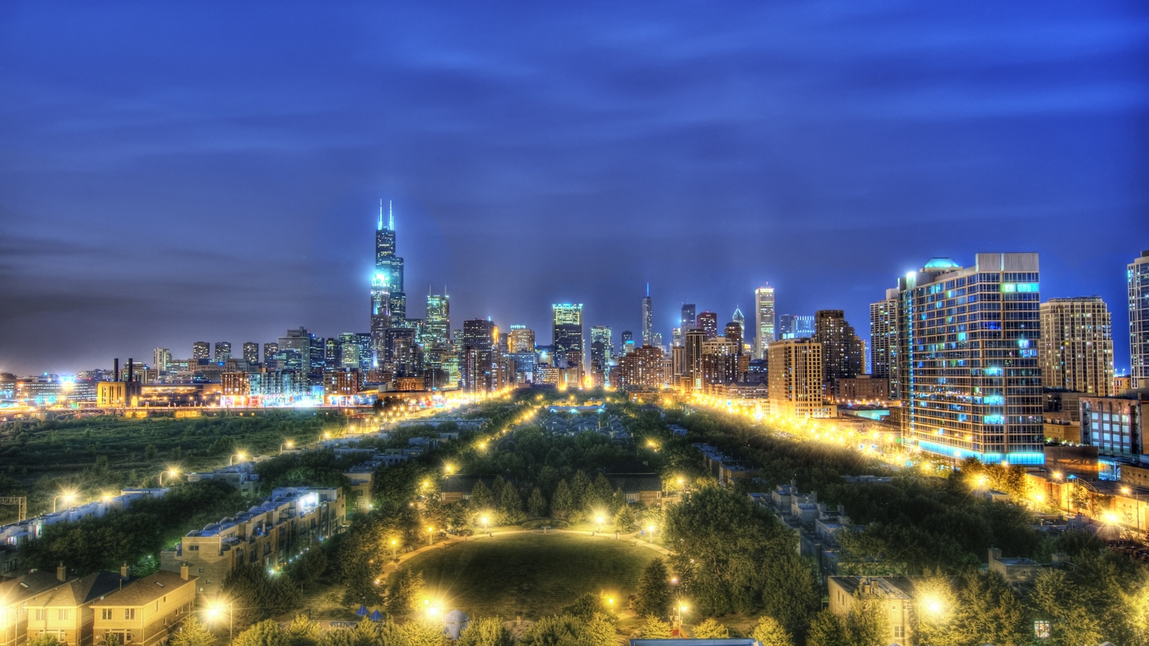 3840x2160  Wallpaper chicago, illinois, night, building, hdr