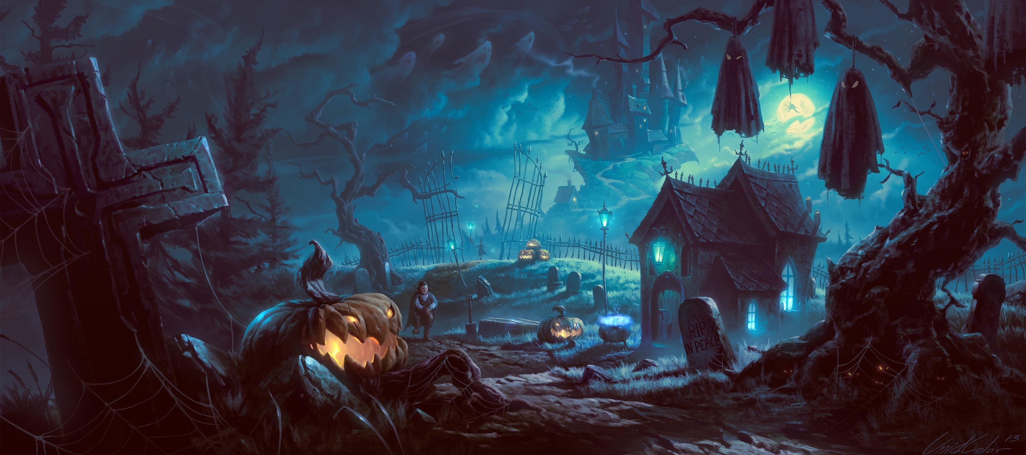 3500x1553 Art night trees halloween pumpkin vampire wallpaper |  ... Art  Night Trees Halloween Pumpkin Vampire Wallpaper 