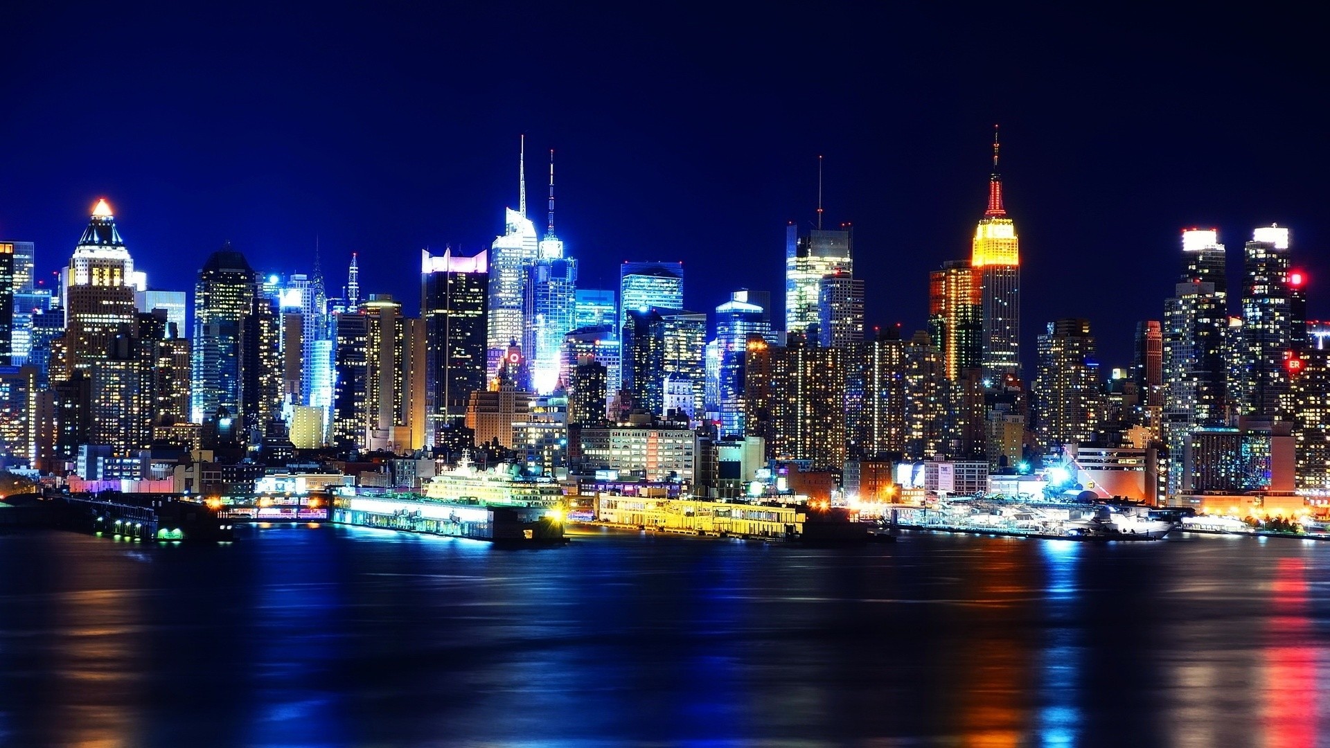 1920x1080 Preview wallpaper new york, night, lights, river, reflection 
