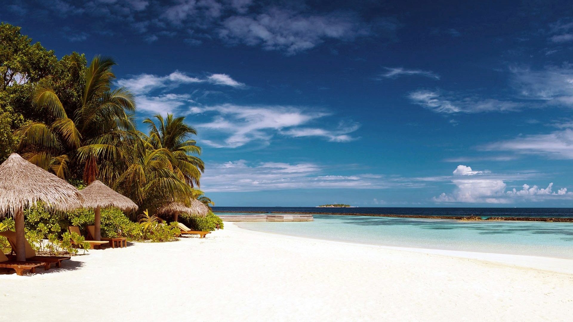1920x1080 #224477 Color - White Sand Beach Sunshades Sky Beautiful Sea Tropical  Summer Palm Caribbean Clouds