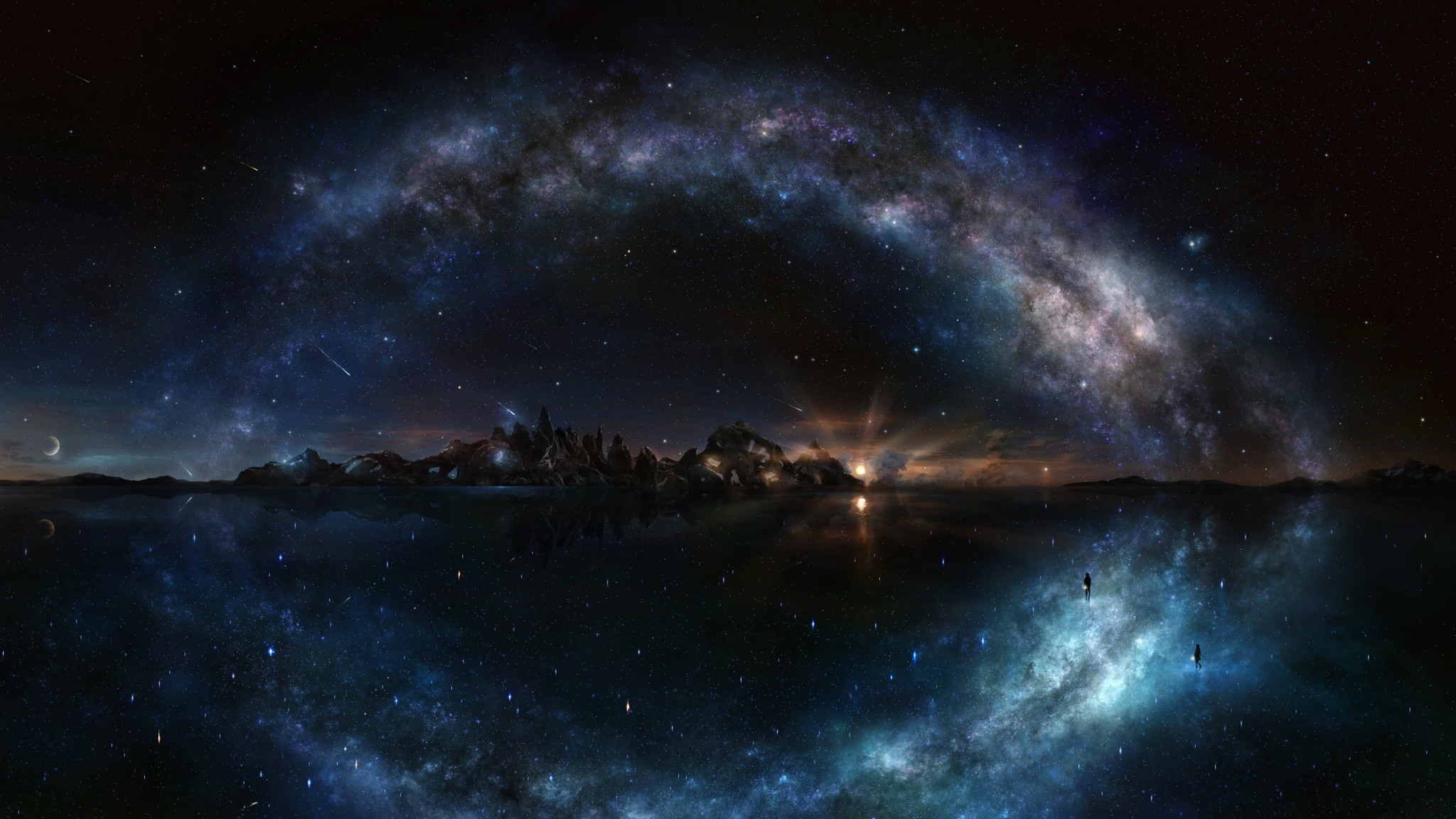 2048x1152 Preview wallpaper night, starry sky, shine, water, island, rock, galaxy