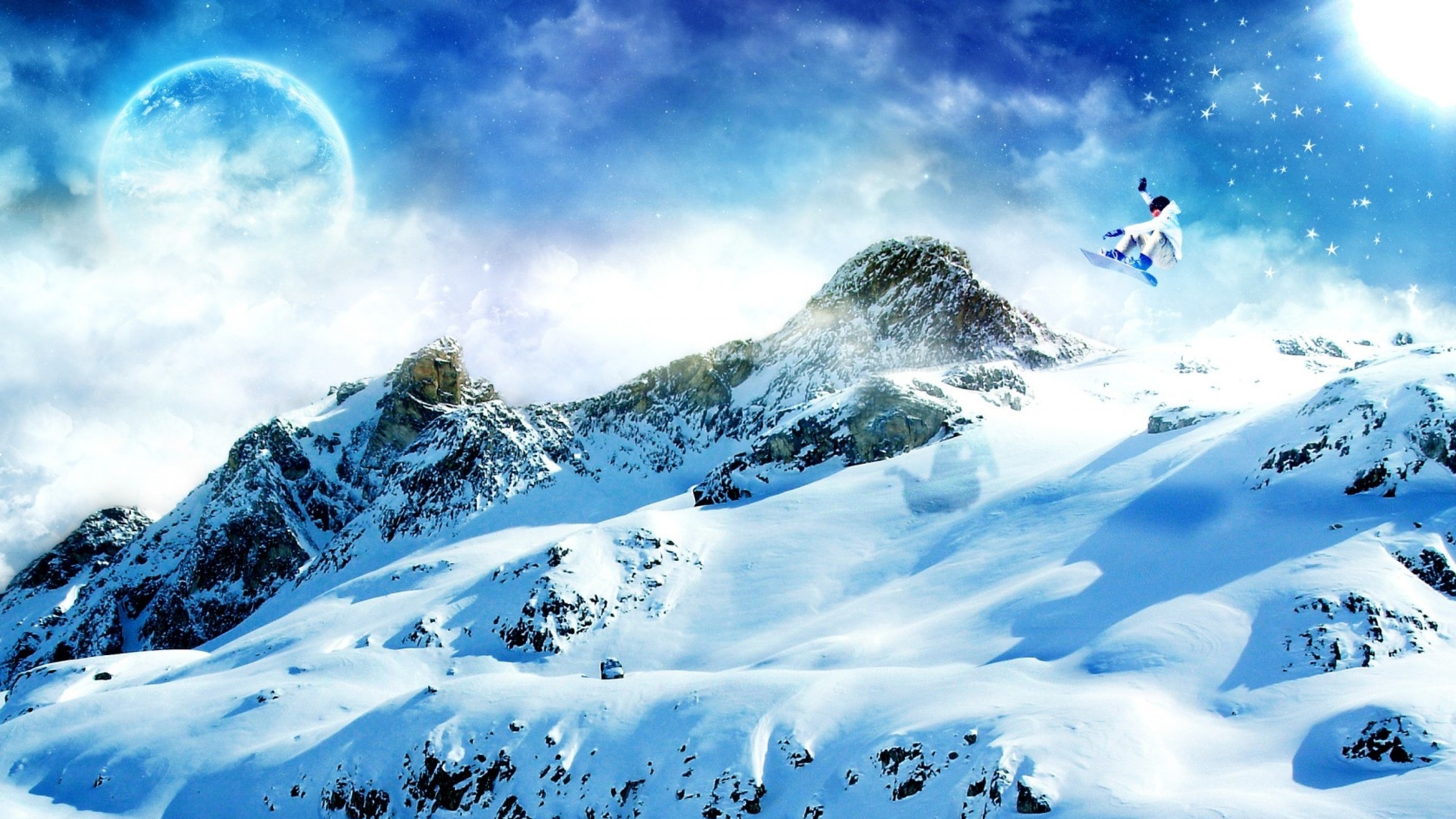 3840x2160 Preview wallpaper snowboard, snow, mountains 