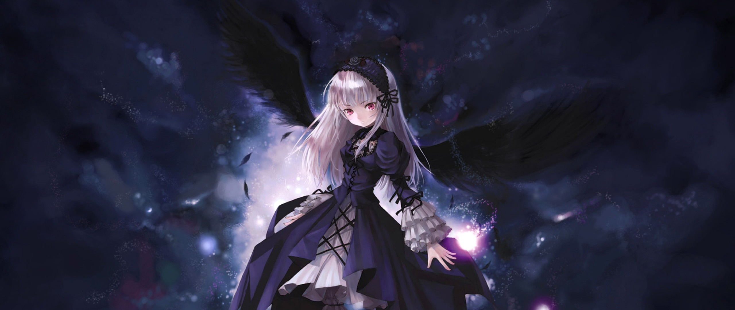2560x1080  Wallpaper anime, girl, wings, flying, black