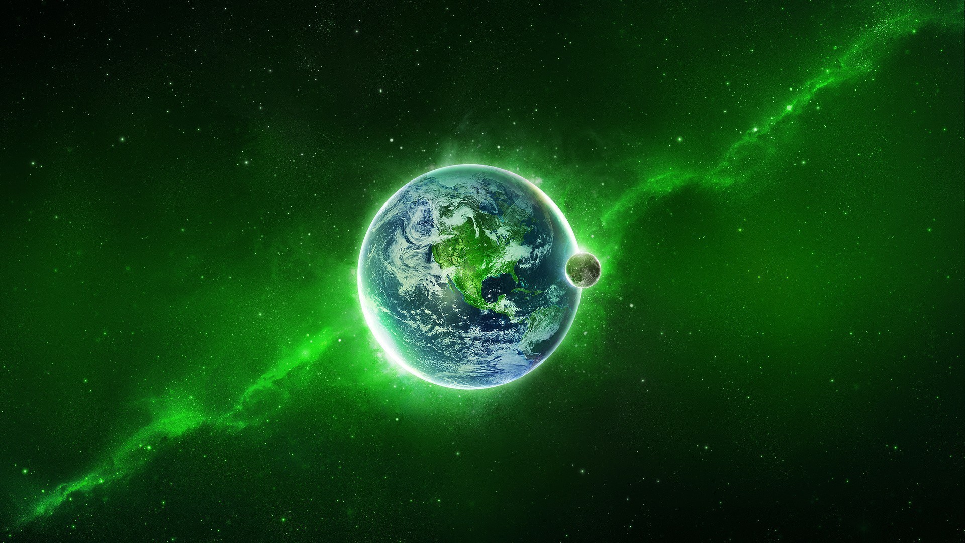1920x1080 Our planet is on the background a green nebula