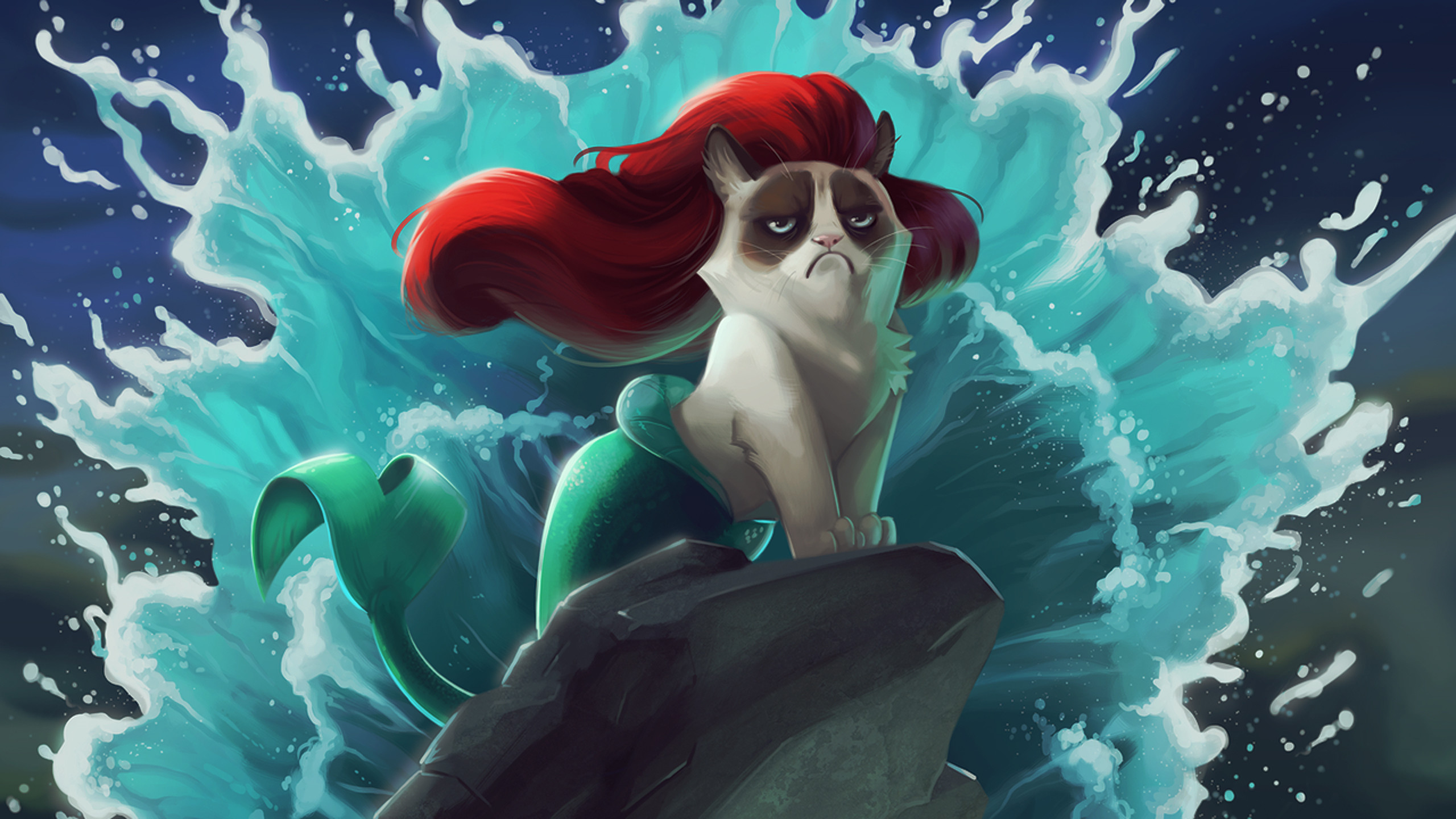 2560x1440 Wallpaper Cat, Mermaid, Cartoon, Grumpy cat