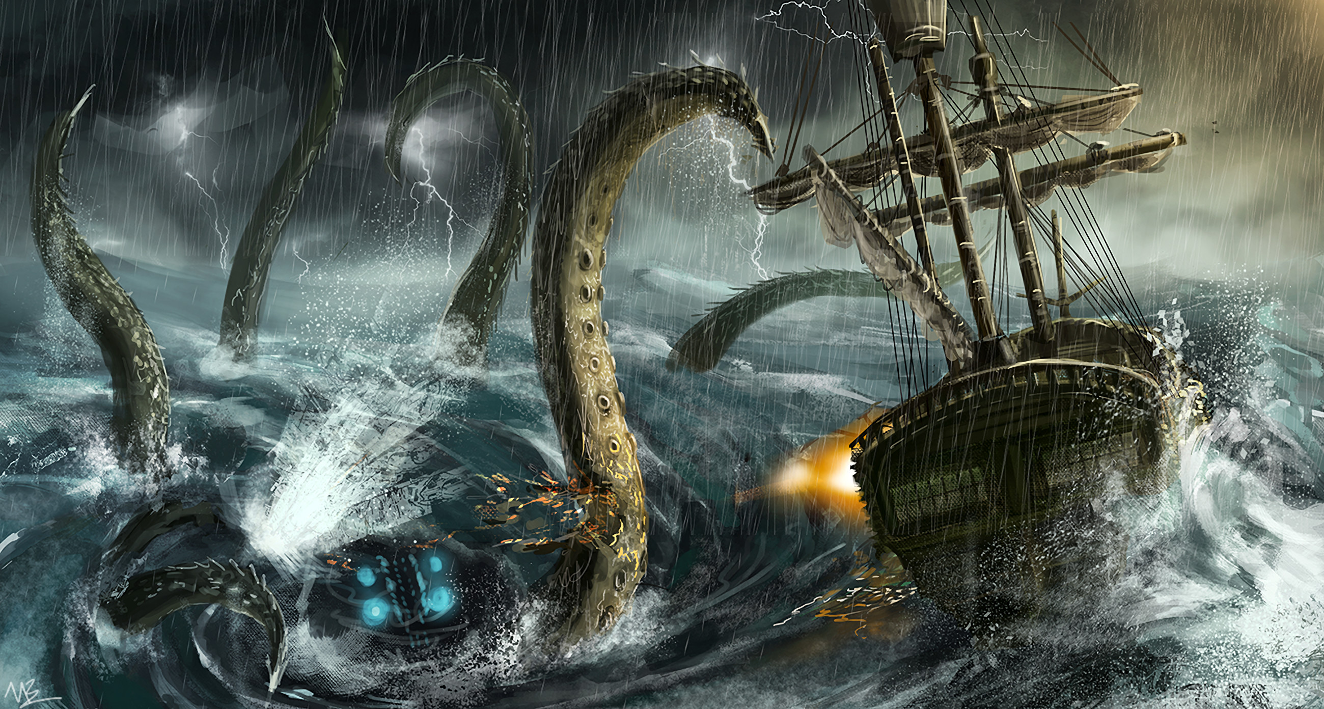 2600x1392  - sea monster, boat, ocean, lightning, big waves # original  resolution