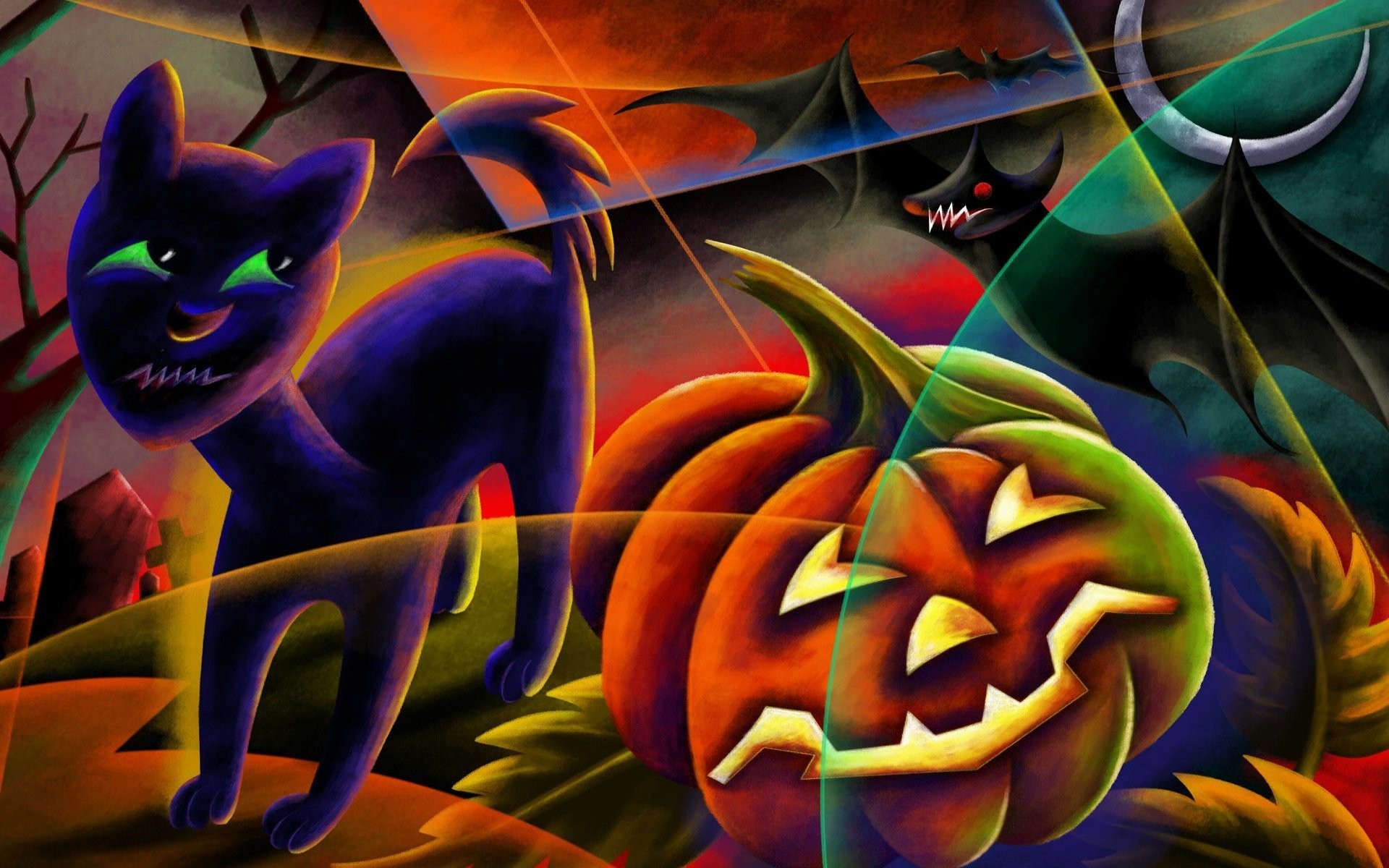 1920x1200 happy halloween black cat bat pumpkin jack-o'-lantern moon eclipse night  cemetery