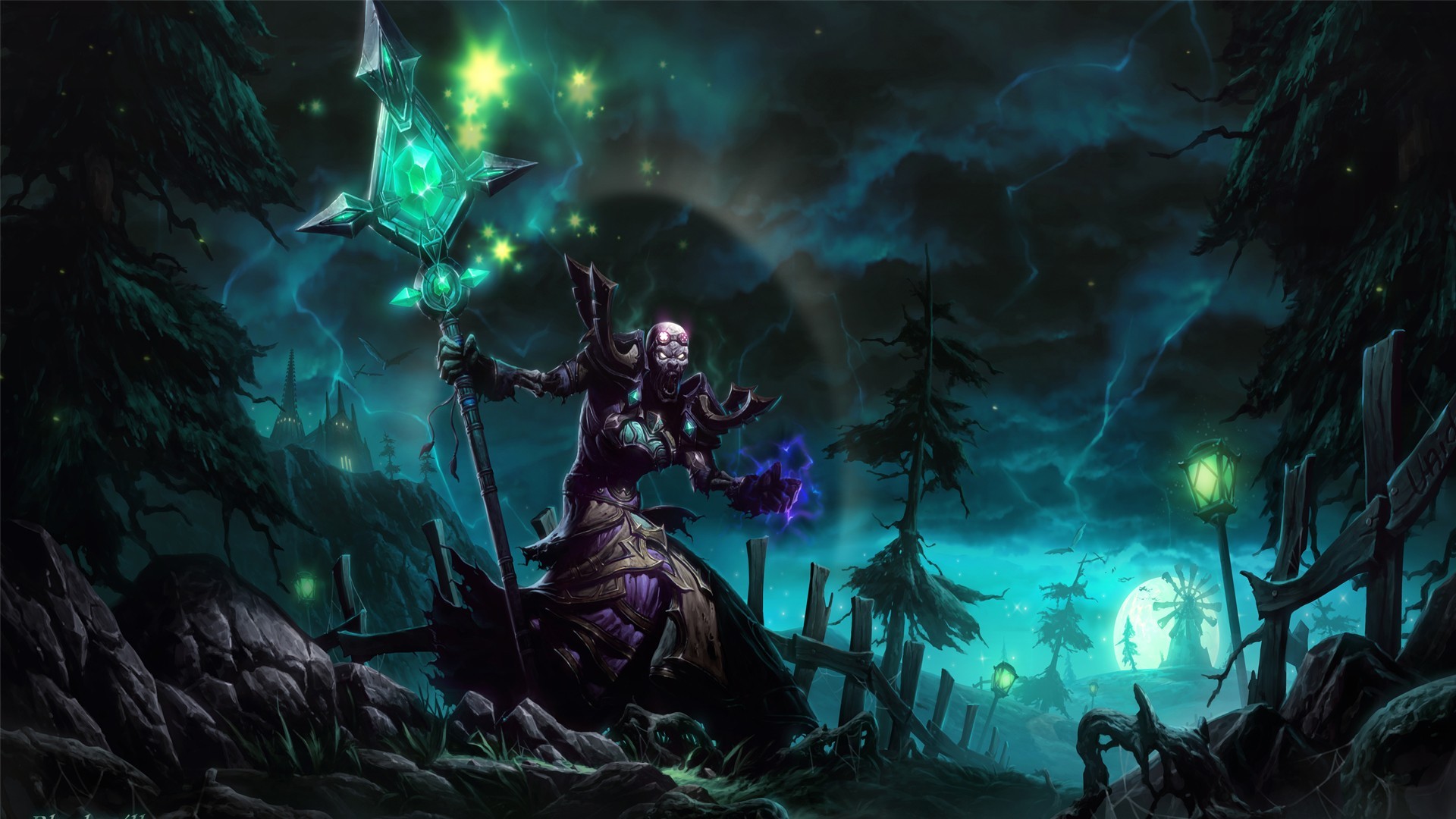 1920x1080 Wallpapers :: Mage, trees, fences, World of Warcraft, undead, grass